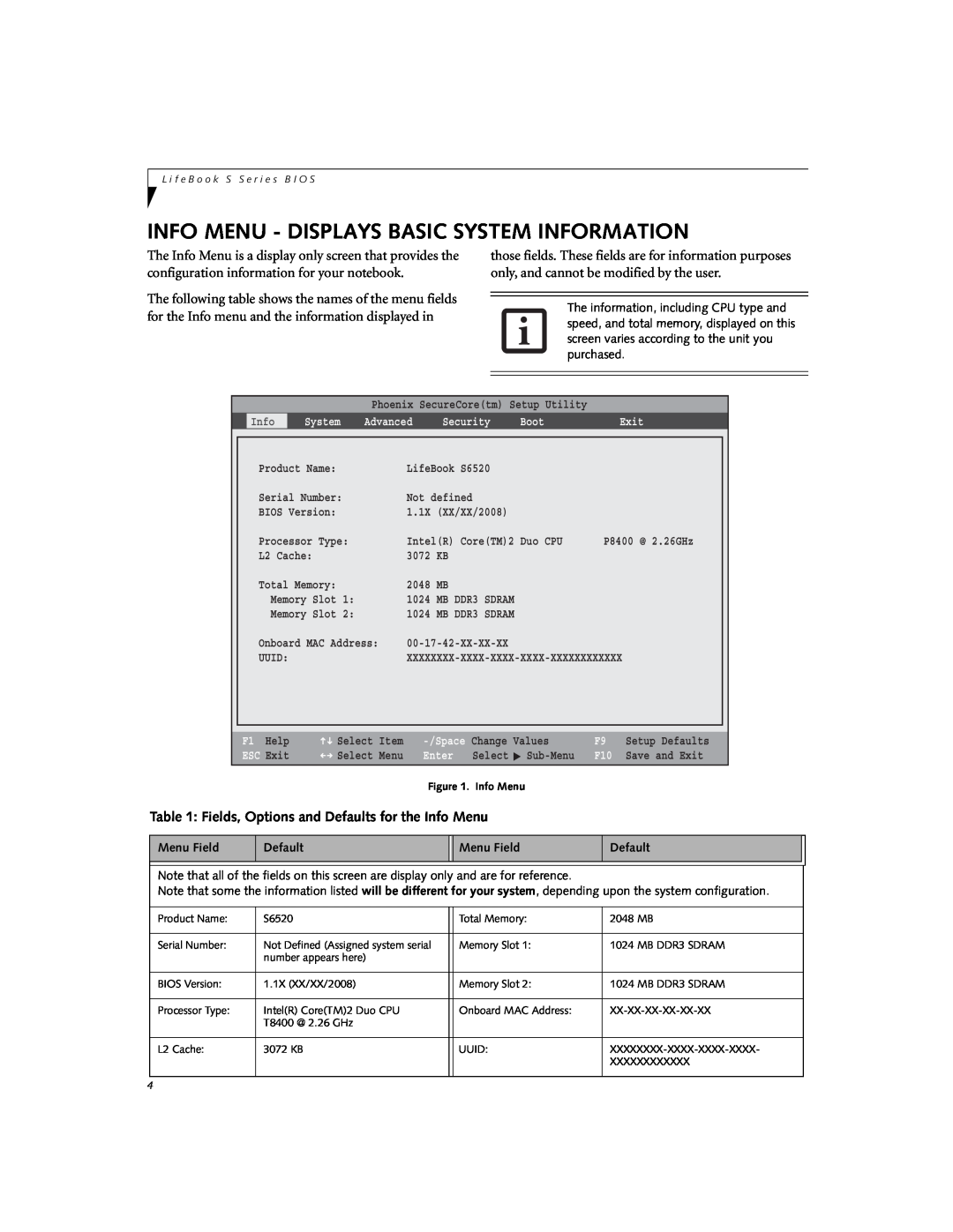 Fujitsu S6520 manual Info Menu - Displays Basic System Information, Fields, Options and Defaults for the Info Menu 