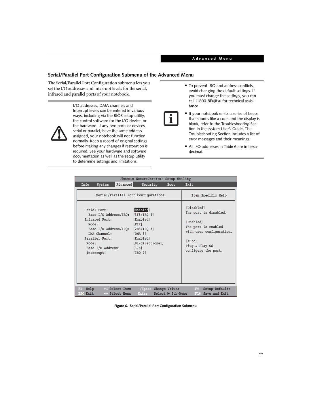 Fujitsu S6520 manual Info System, Security Boot Exit 