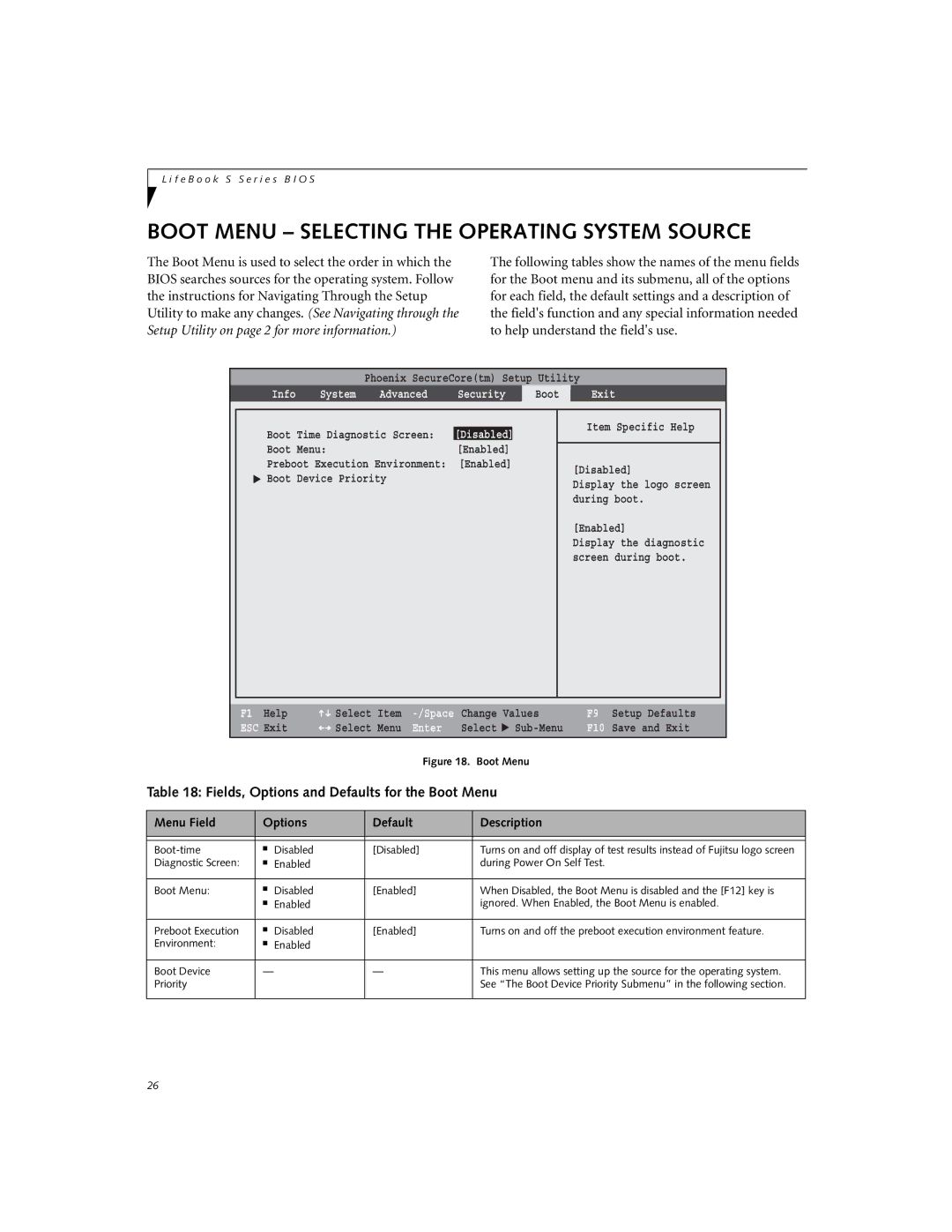 Fujitsu S6520 manual Boot Menu Selecting the Operating System Source, Fields, Options and Defaults for the Boot Menu 