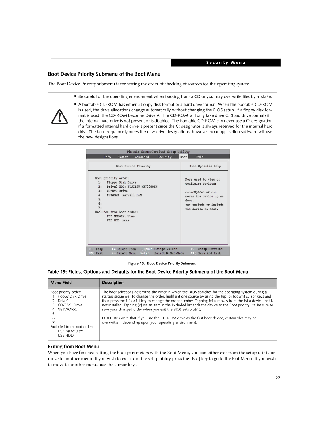 Fujitsu S6520 manual Boot Device Priority Submenu of the Boot Menu, Exiting from Boot Menu 