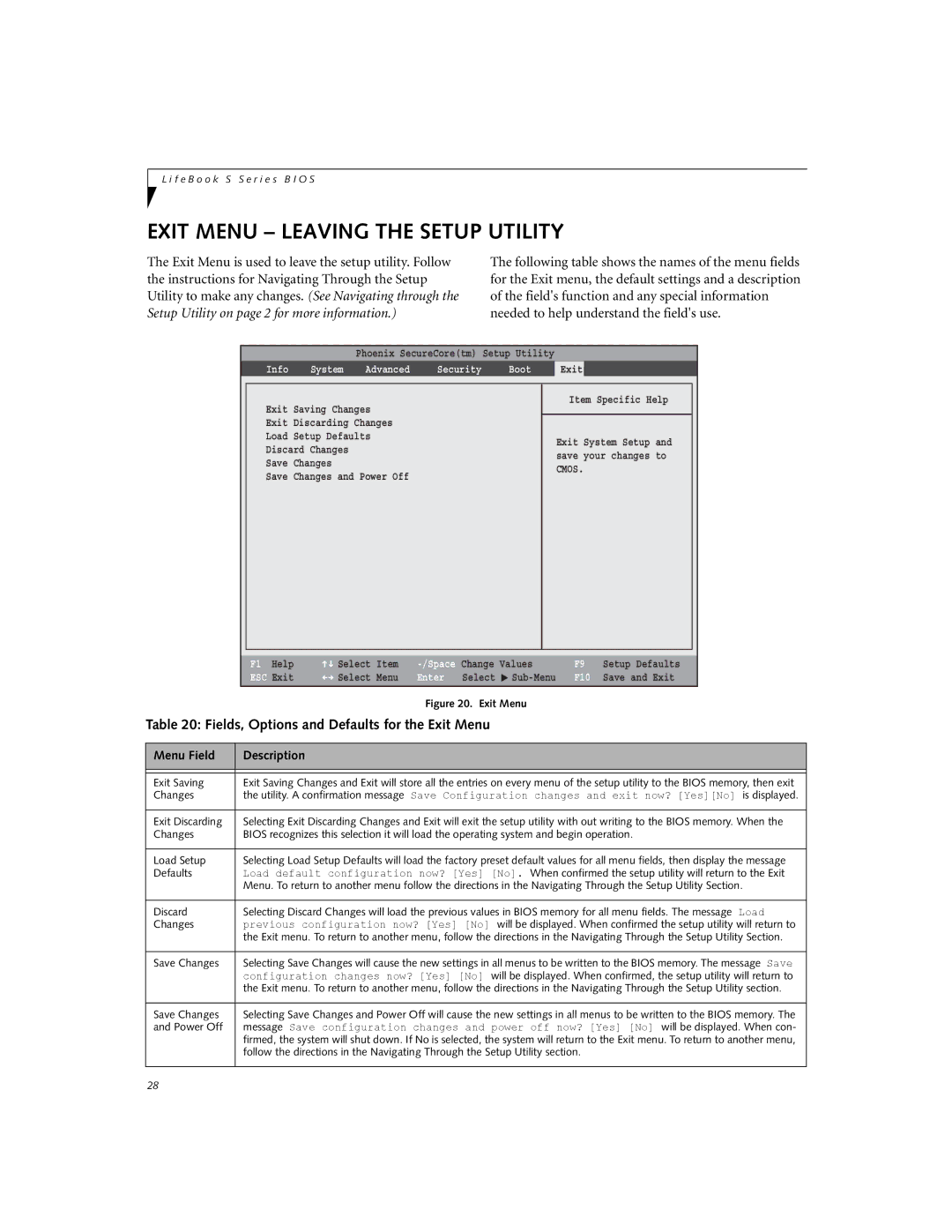 Fujitsu S6520 Exit Menu Leaving the Setup Utility, Fields, Options and Defaults for the Exit Menu, Exit Saving, Changes 