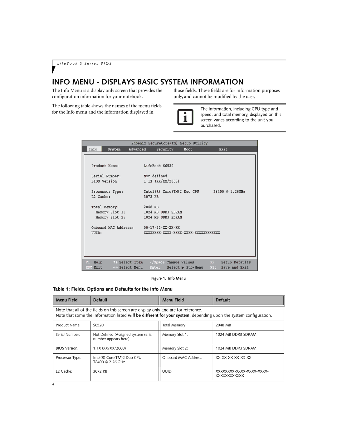 Fujitsu S6520 Info Menu Displays Basic System Information, Fields, Options and Defaults for the Info Menu, ESC Exit, Enter 