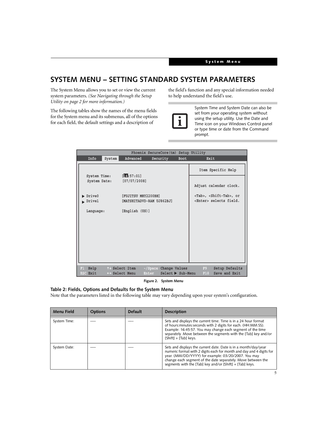 Fujitsu S6520 System Menu Setting Standard System Parameters, Fields, Options and Defaults for the System Menu, F1 Help 