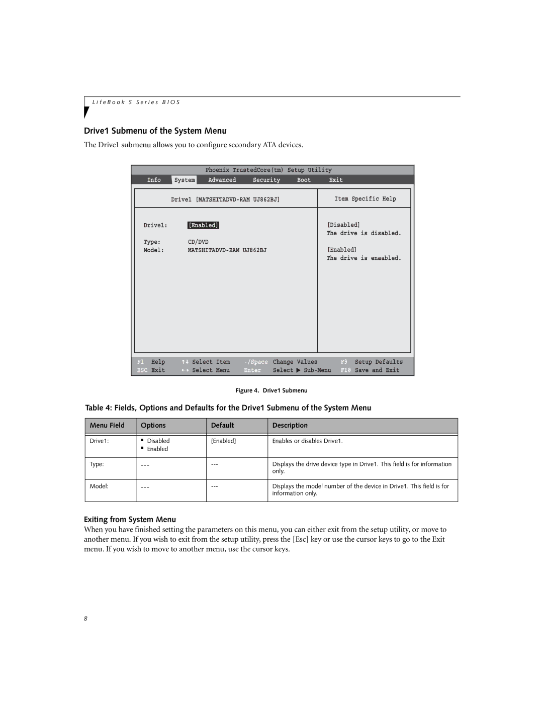 Fujitsu S6520 manual Drive1 Submenu of the System Menu, Exiting from System Menu, Boot Exit 