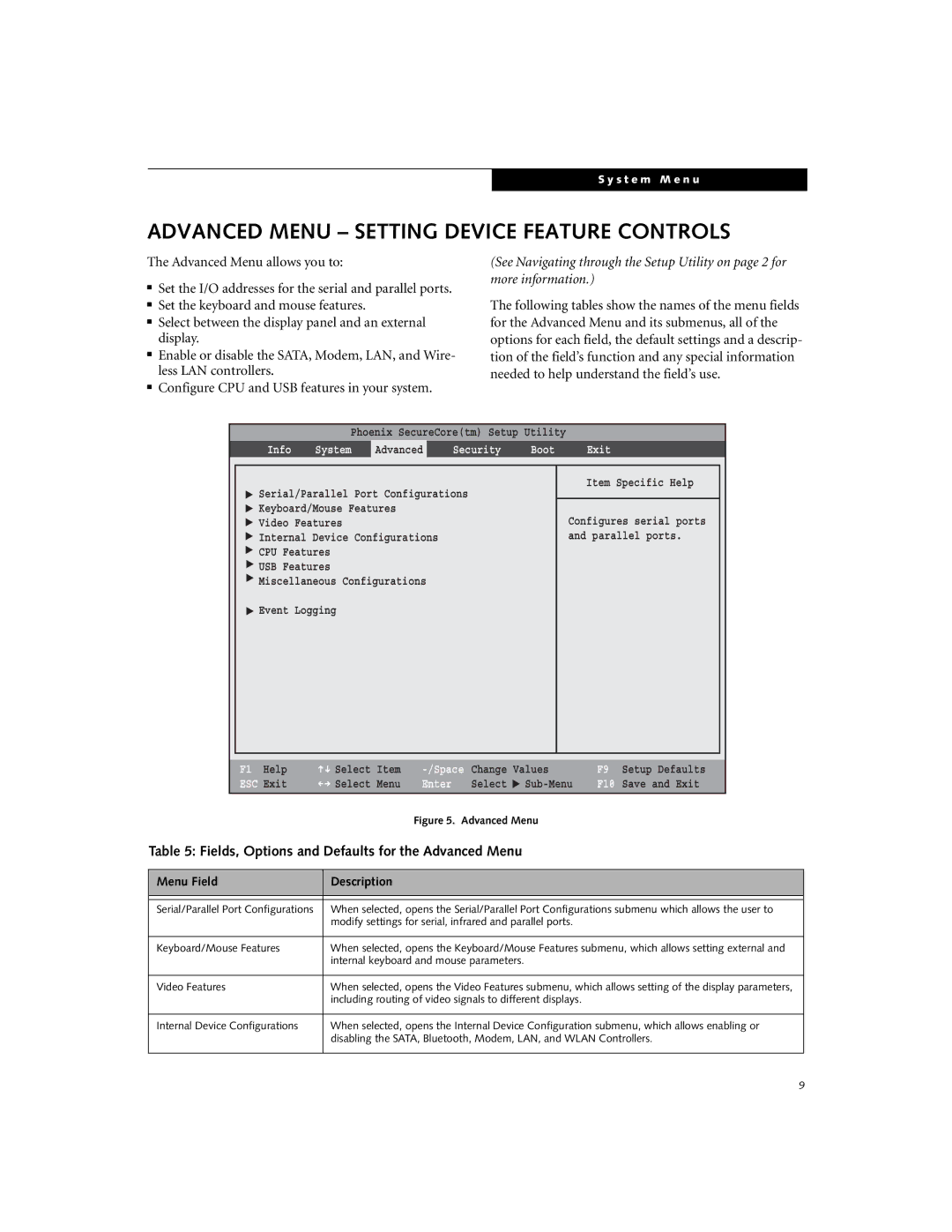 Fujitsu S6520 manual Advanced Menu Setting Device Feature Controls, Fields, Options and Defaults for the Advanced Menu 