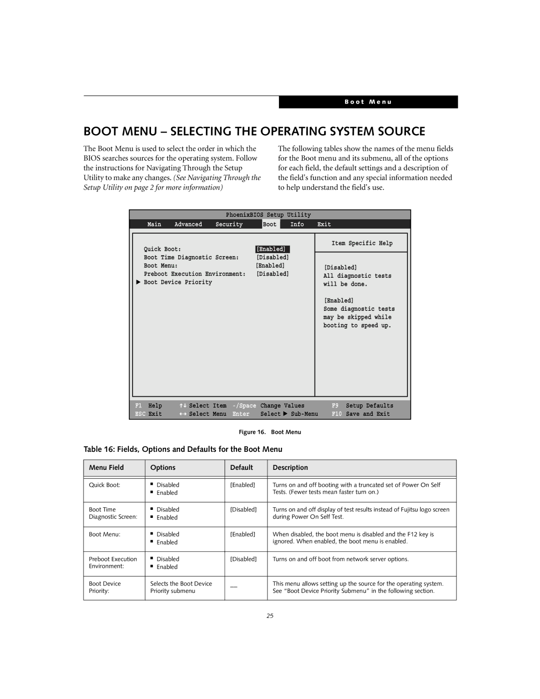 Fujitsu S7010 manual Boot Menu Selecting the Operating System Source, Fields, Options and Defaults for the Boot Menu 