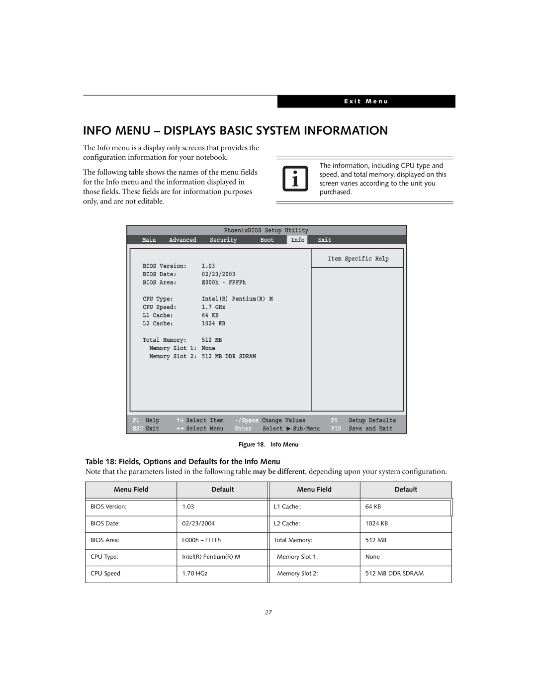 Fujitsu S7010 manual Info Menu Displays Basic System Information, Fields, Options and Defaults for the Info Menu 