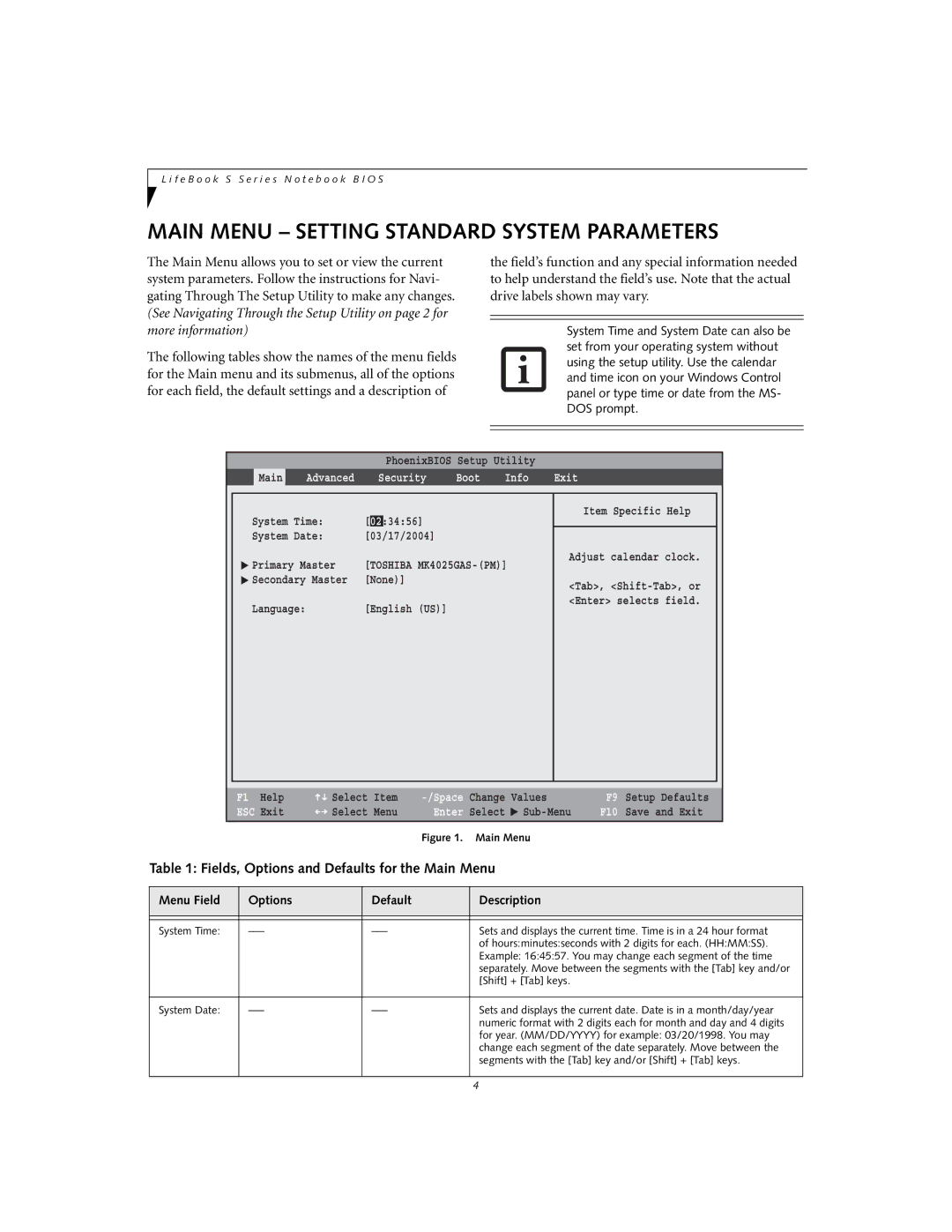 Fujitsu S7010 manual Main Menu Setting Standard System Parameters, Fields, Options and Defaults for the Main Menu 