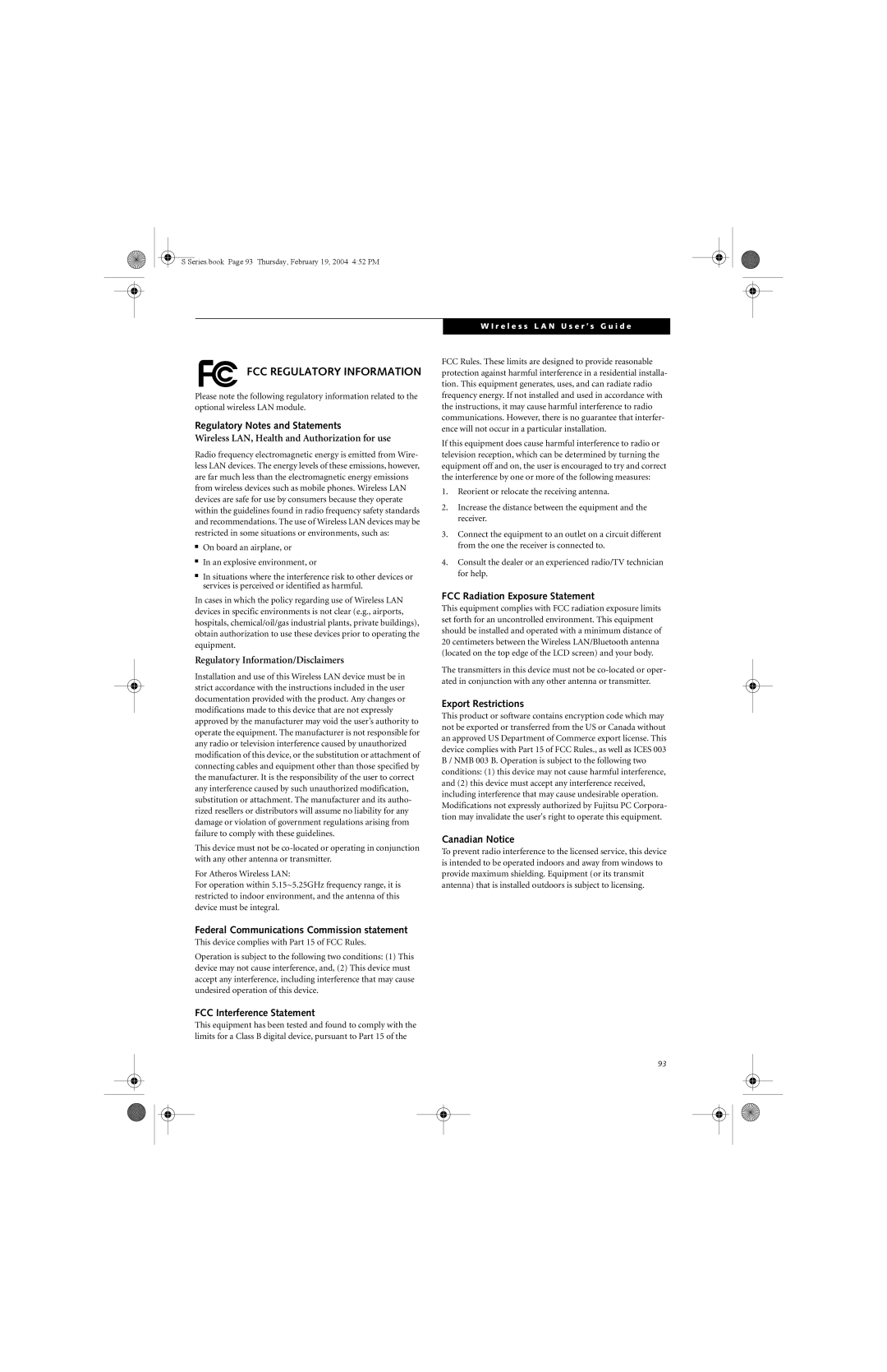 Fujitsu S7010D manual FCC Regulatory Information 