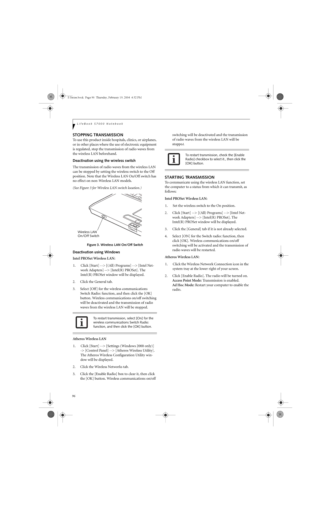 Fujitsu S7010D manual Stopping Transmission, Starting Transmission, Deactivation using the wireless switch 