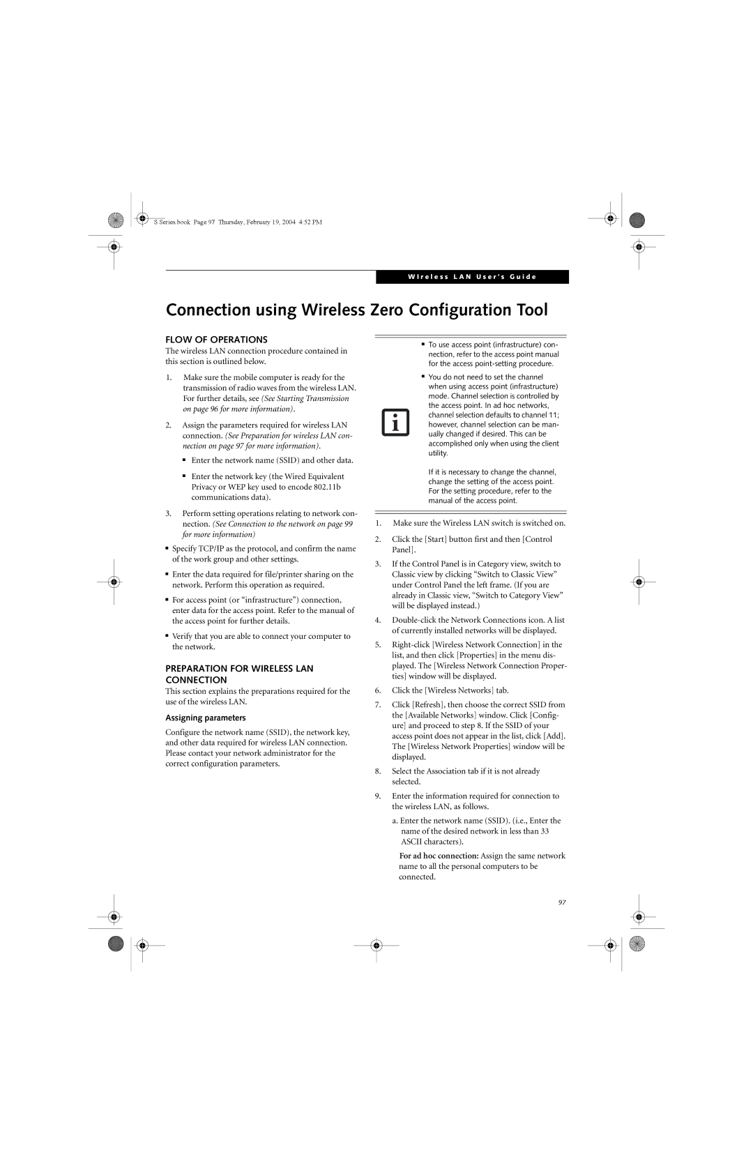 Fujitsu S7010D manual Connection using Wireless Zero Configuration Tool, Flow of Operations, Assigning parameters 