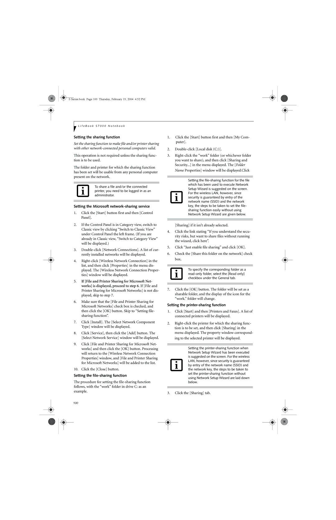 Fujitsu S7010D manual Setting the sharing function, Setting the Microsoft network-sharing service, Click the Sharing tab 