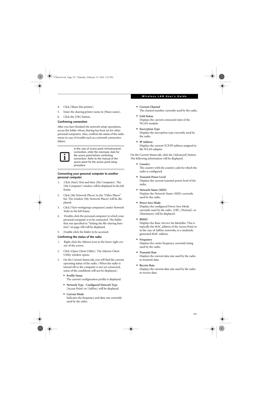 Fujitsu S7010D manual Confirming connection, Confirming the status of the radio 