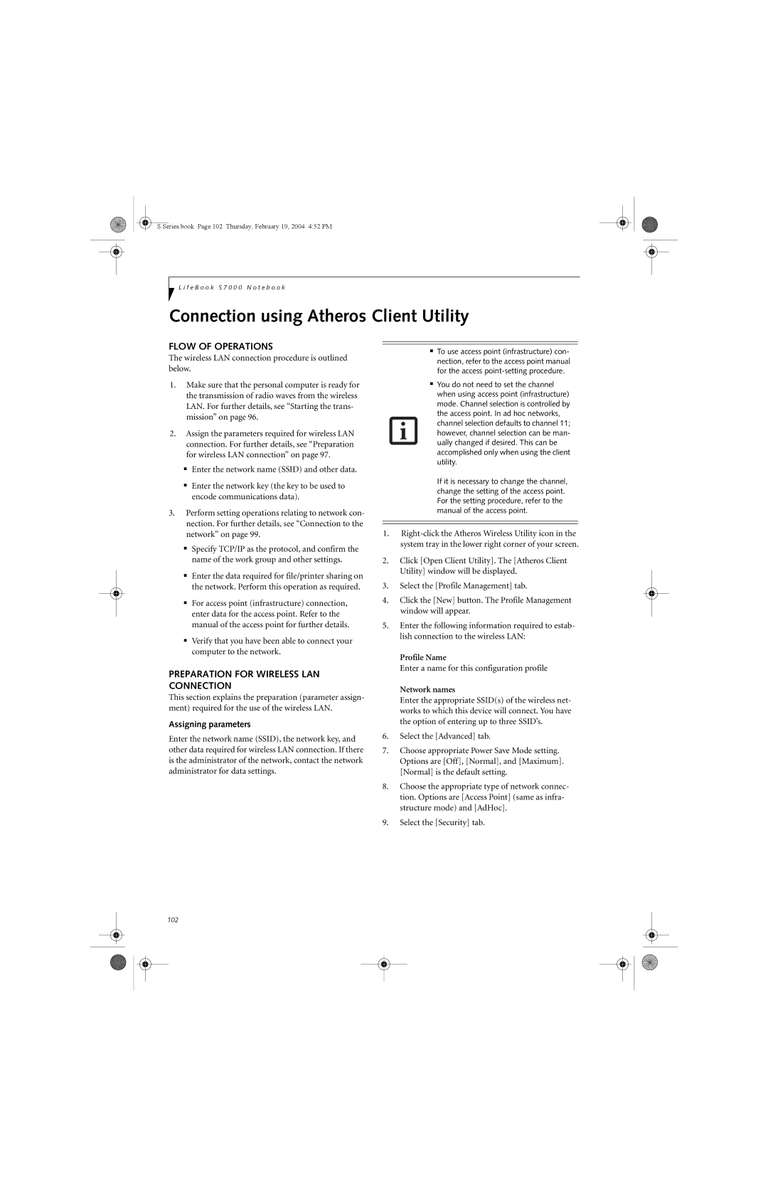 Fujitsu S7010D manual Connection using Atheros Client Utility, Enter a name for this configuration profile, Network names 