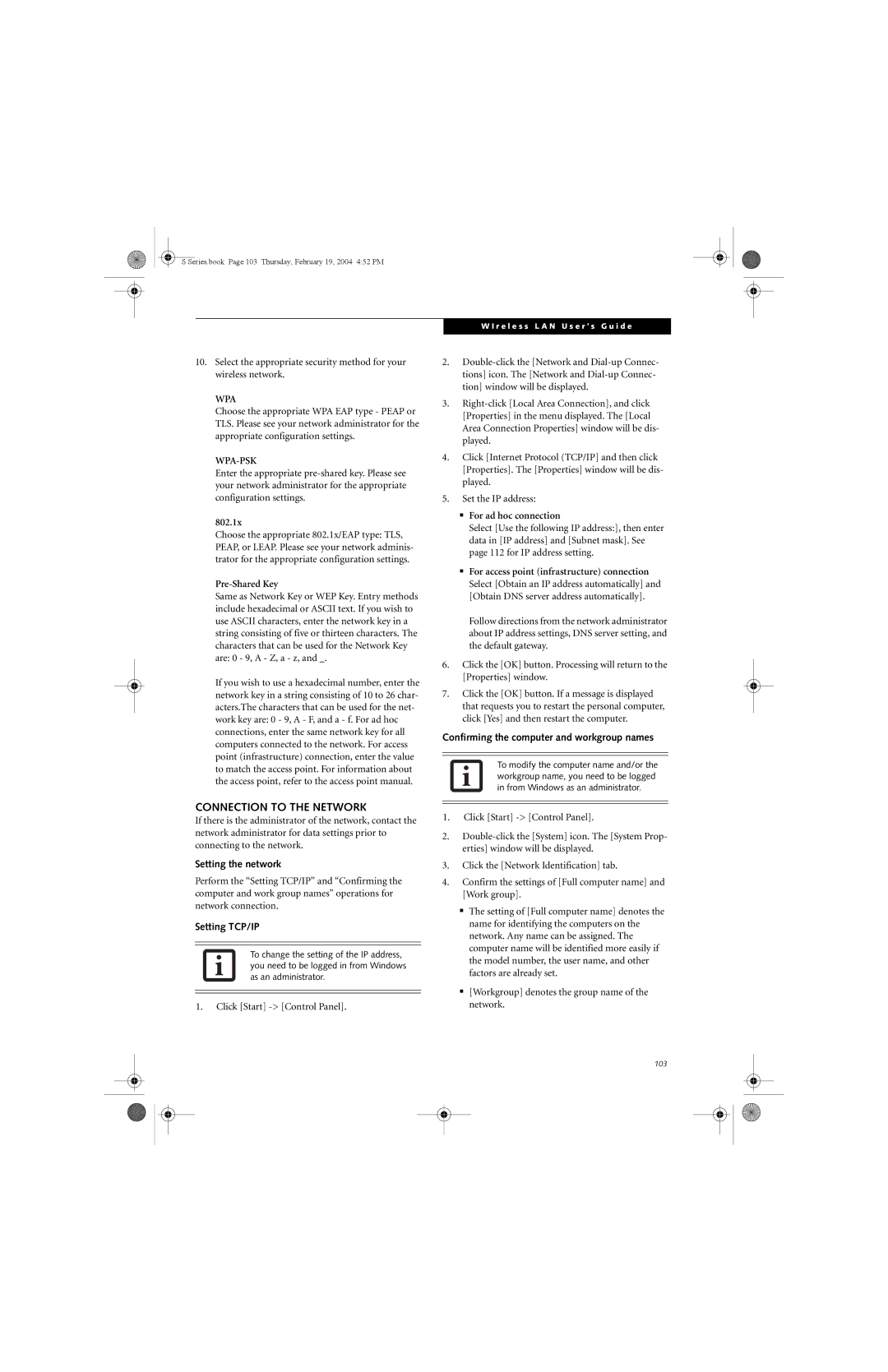 Fujitsu S7010D manual 802.1x, Pre-Shared Key, Click Start Control Panel, For ad hoc connection 