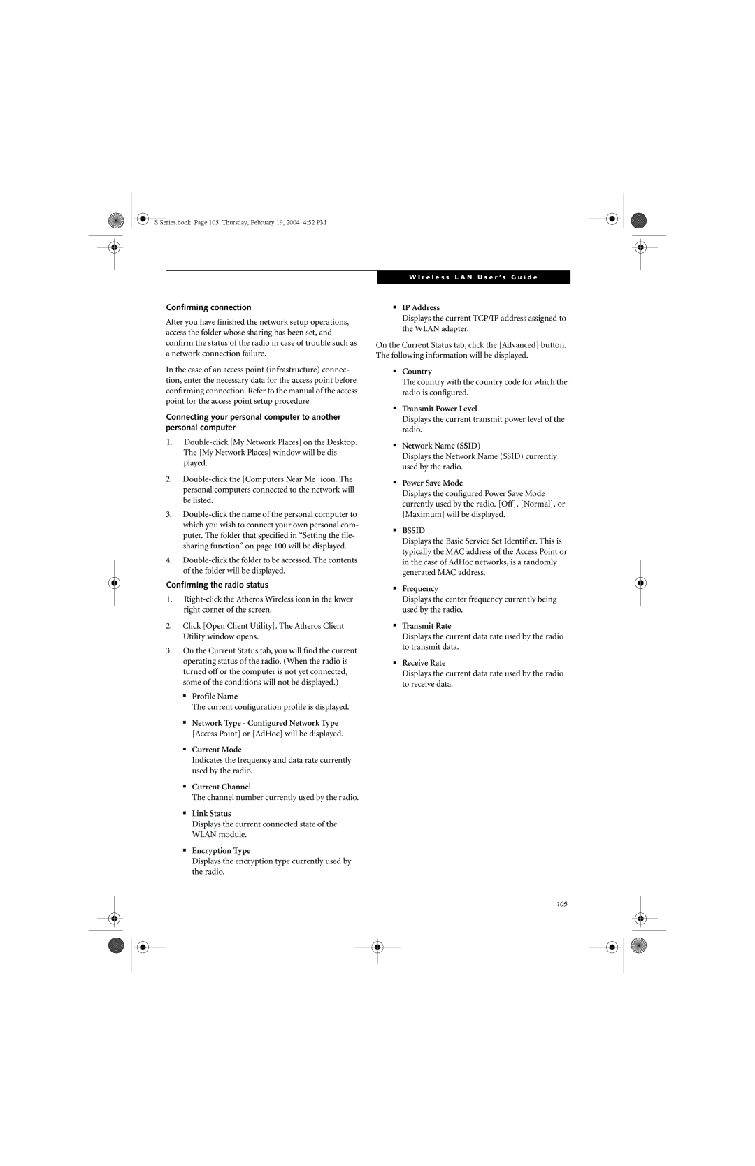 Fujitsu S7010D manual Confirming connection, Confirming the radio status 