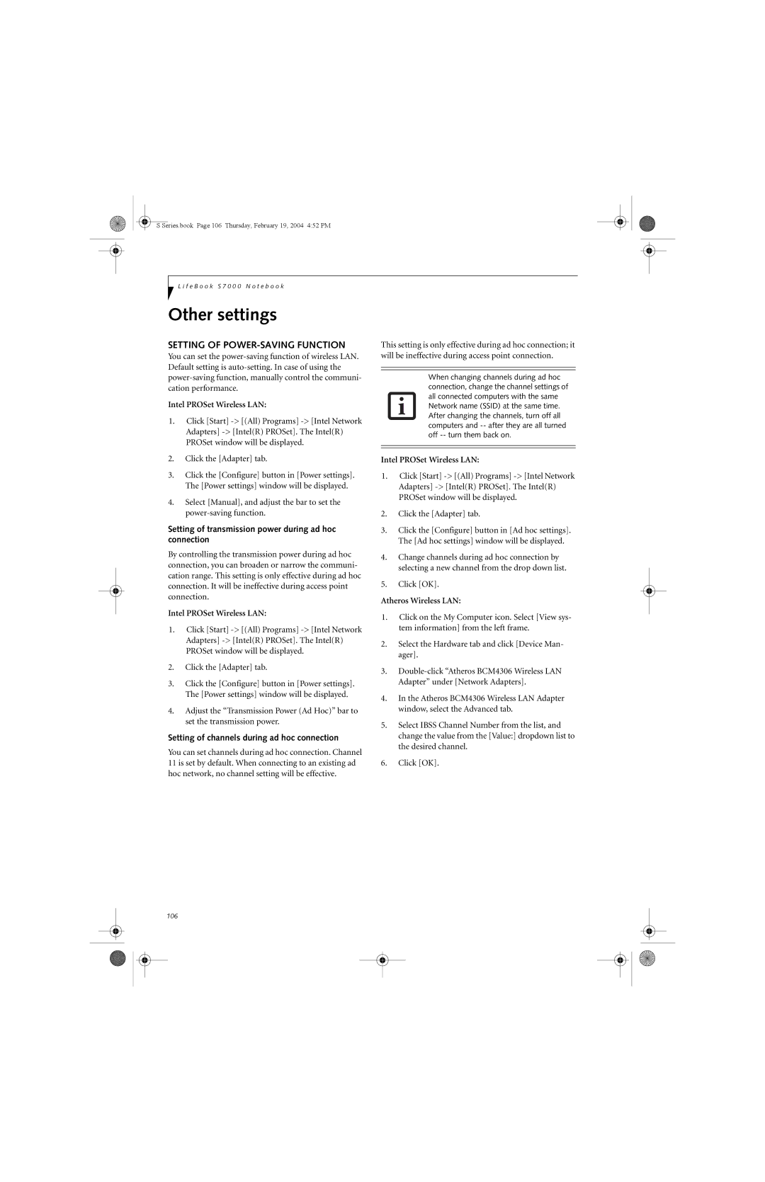 Fujitsu S7010D Other settings, Setting of POWER-SAVING Function, Setting of transmission power during ad hoc connection 