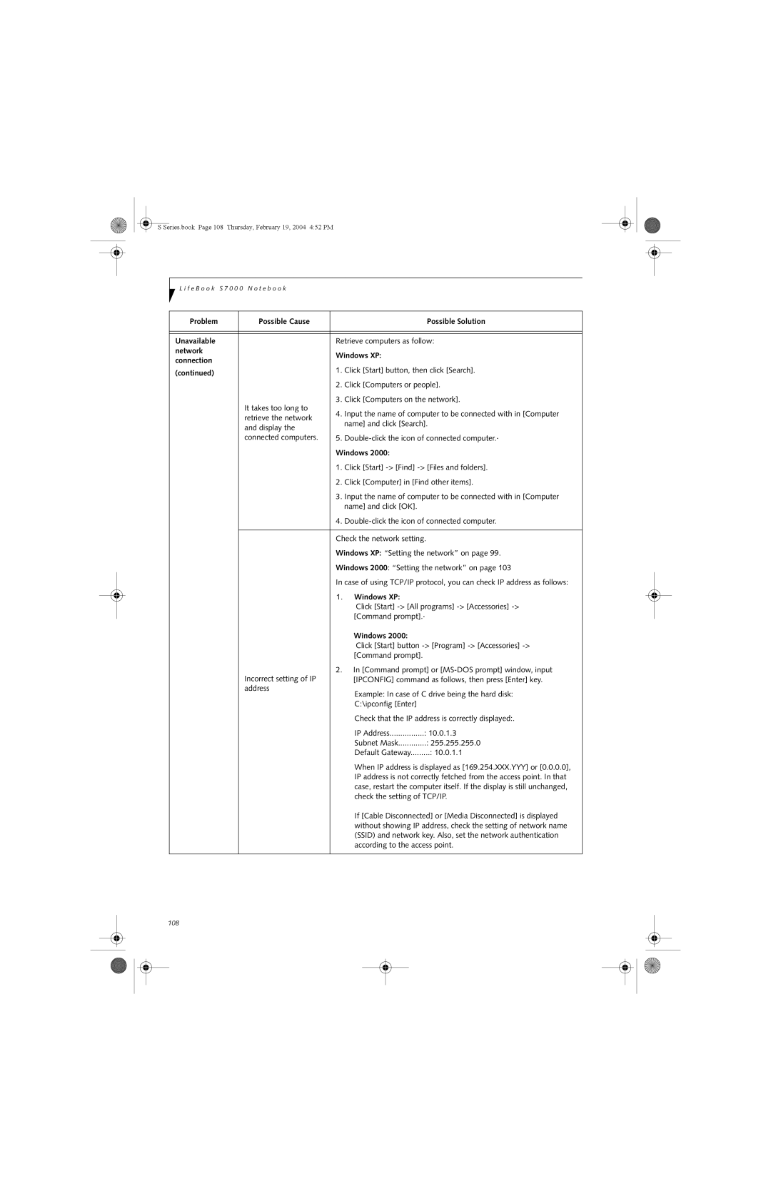 Fujitsu S7010D manual Network Windows XP Connection 