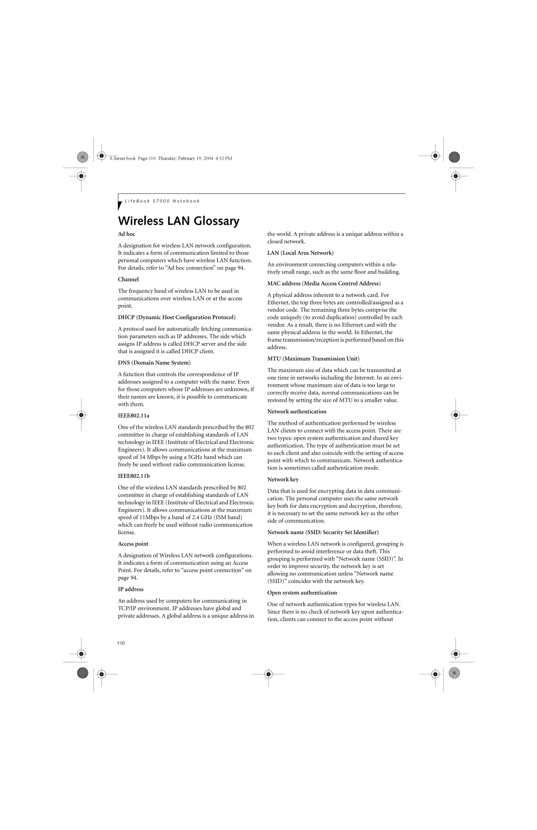 Fujitsu S7010D manual Wireless LAN Glossary 