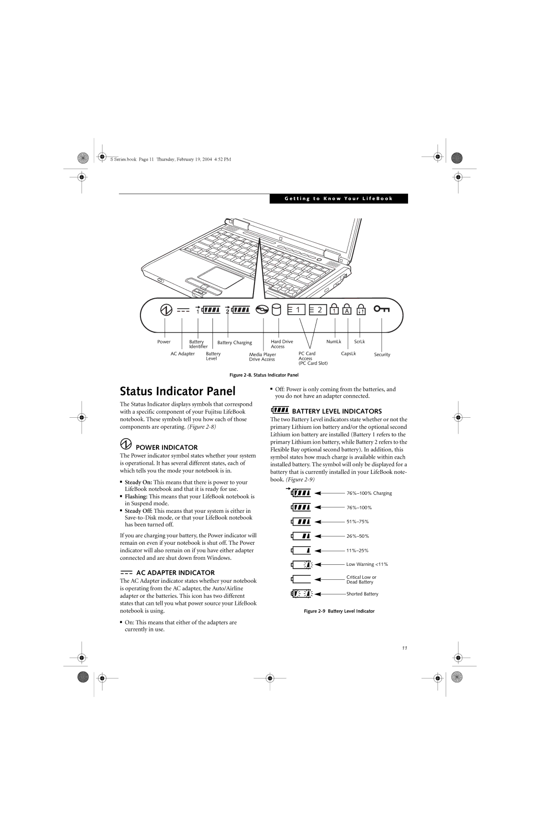 Fujitsu S7010D manual Status Indicator Panel, Power Indicator, AC Adapter Indicator, Battery Level Indicators 