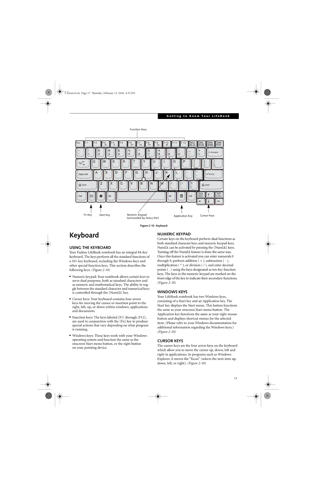 Fujitsu S7010D manual Using the Keyboard, Numeric Keypad, Windows Keys, Cursor Keys 