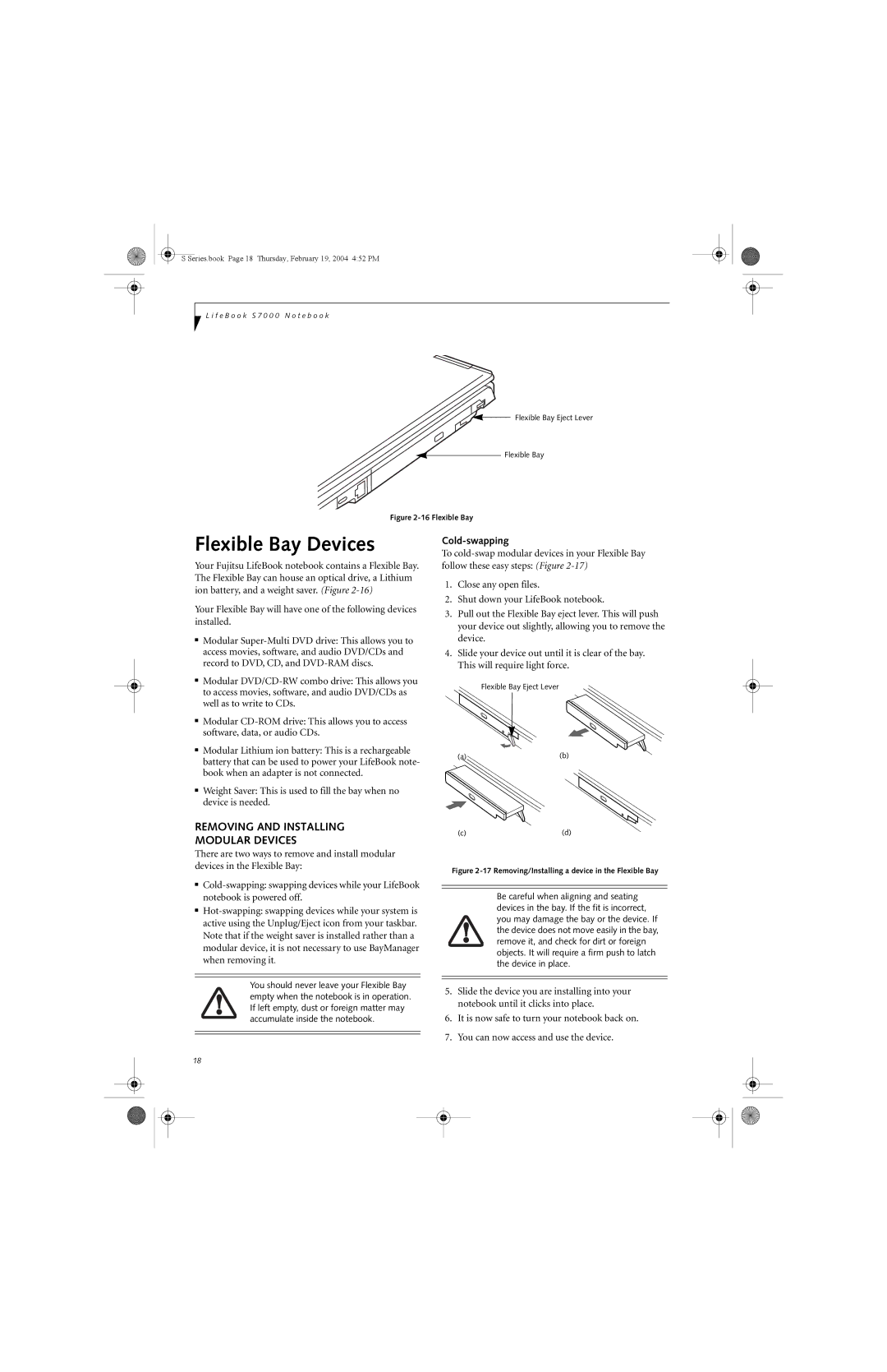 Fujitsu S7010D manual Flexible Bay Devices, Removing and Installing Modular Devices, Cold-swapping 