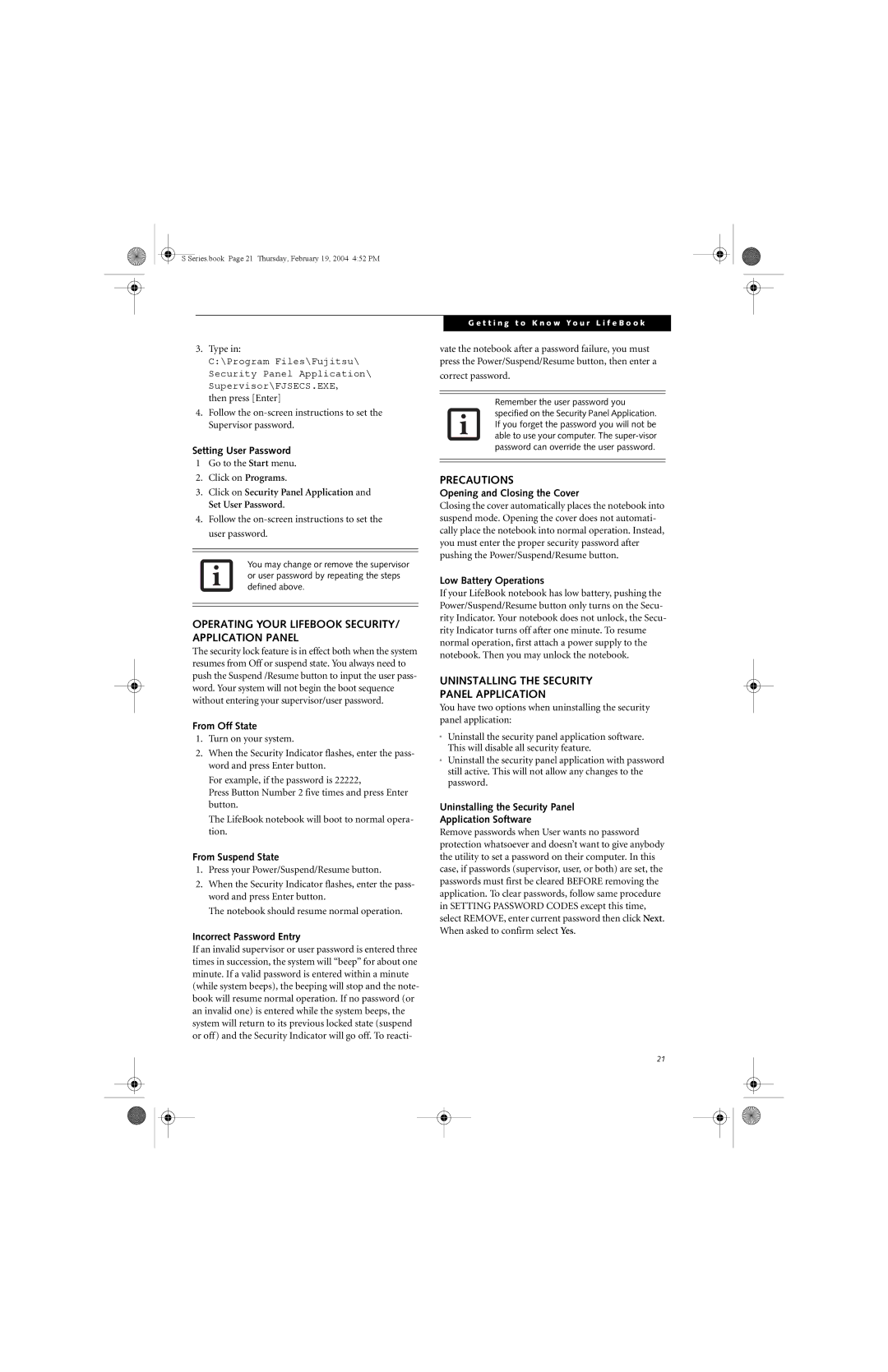 Fujitsu S7010D manual Operating Your Lifebook SECURITY/ Application Panel, Precautions 