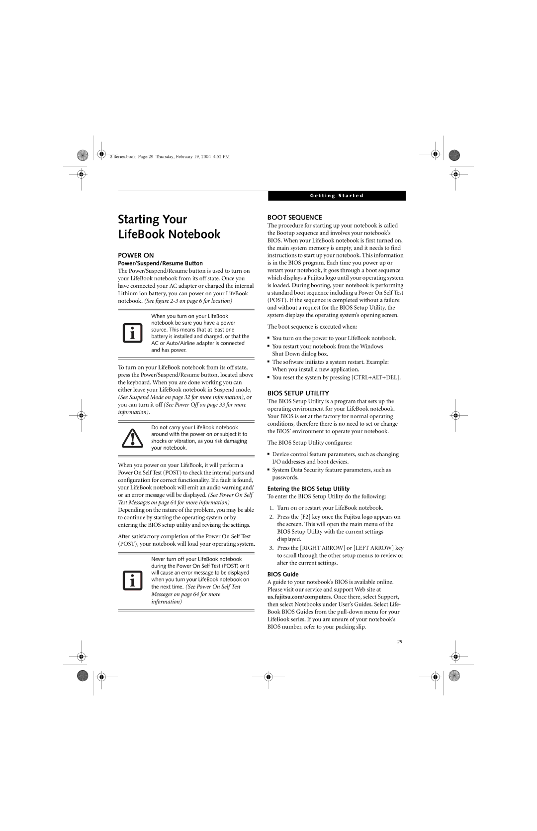 Fujitsu S7010D manual Starting Your LifeBook Notebook, Power on, Boot Sequence, Bios Setup Utility 