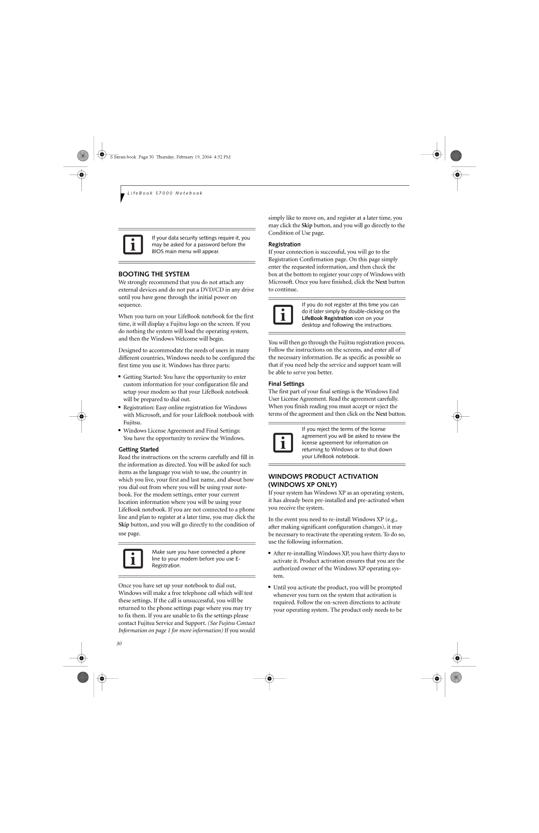Fujitsu S7010D manual Booting the System, Windows Product Activation Windows XP only, Getting Started, Registration 