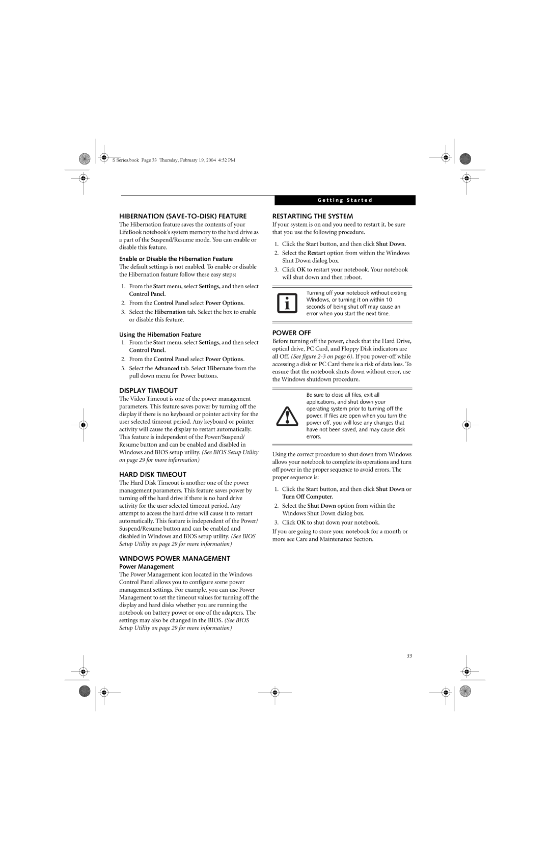 Fujitsu S7010D Hibernation SAVE-TO-DISK Feature, Display Timeout, Hard Disk Timeout, Restarting the System, Power OFF 