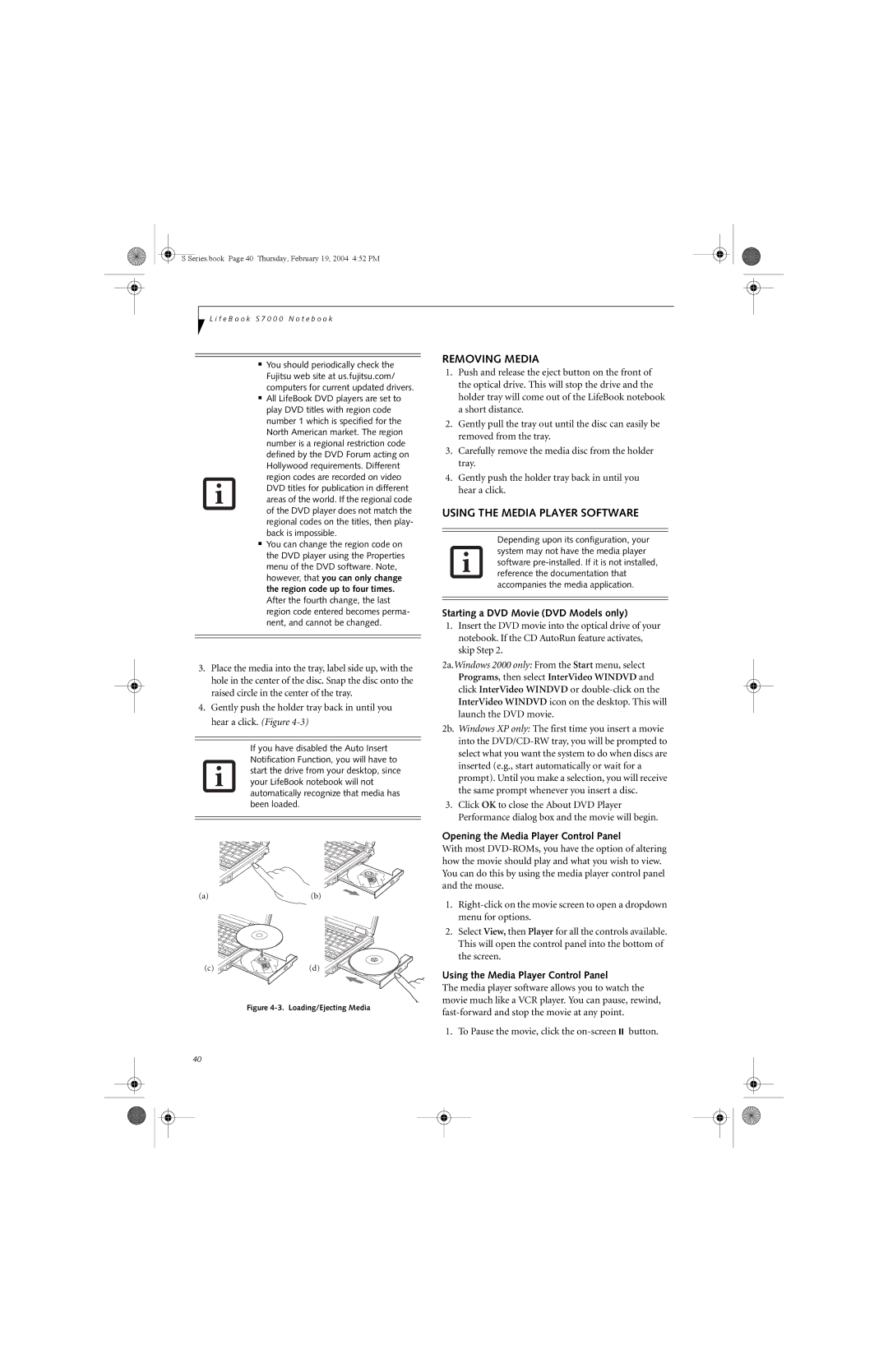 Fujitsu S7010D manual Removing Media, Using the Media Player Software, Starting a DVD Movie DVD Models only 