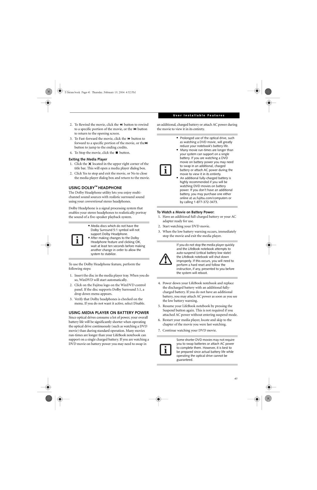 Fujitsu S7010D manual Using Dolby Headphone, Using Media Player on Battery Power, Exiting the Media Player 