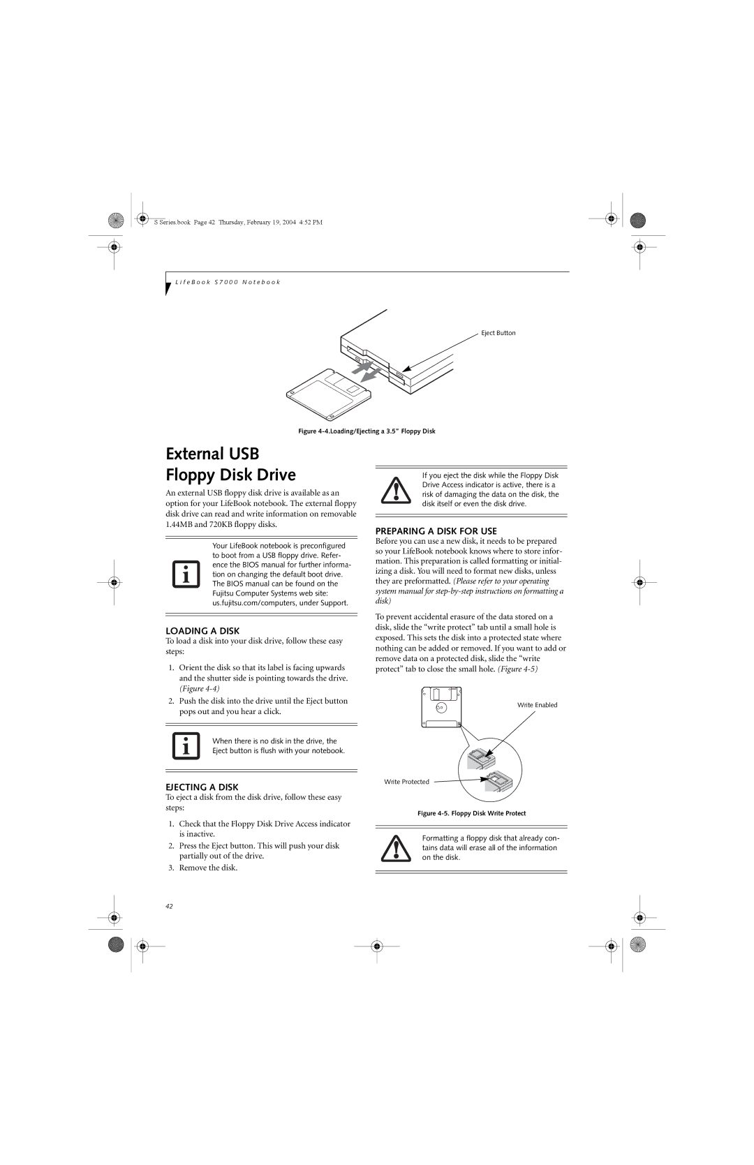 Fujitsu S7010D manual External USB Floppy Disk Drive, Loading a Disk, Ejecting a Disk, Preparing a Disk for USE 