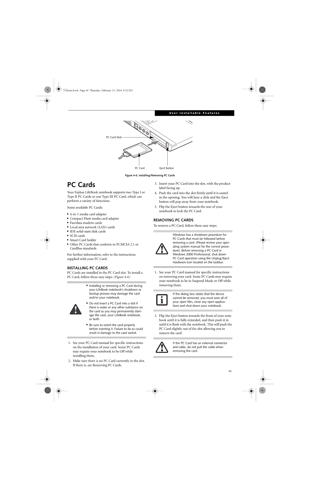 Fujitsu S7010D manual Removing PC Cards, Installing PC Cards, To remove a PC Card, follow these easy steps 