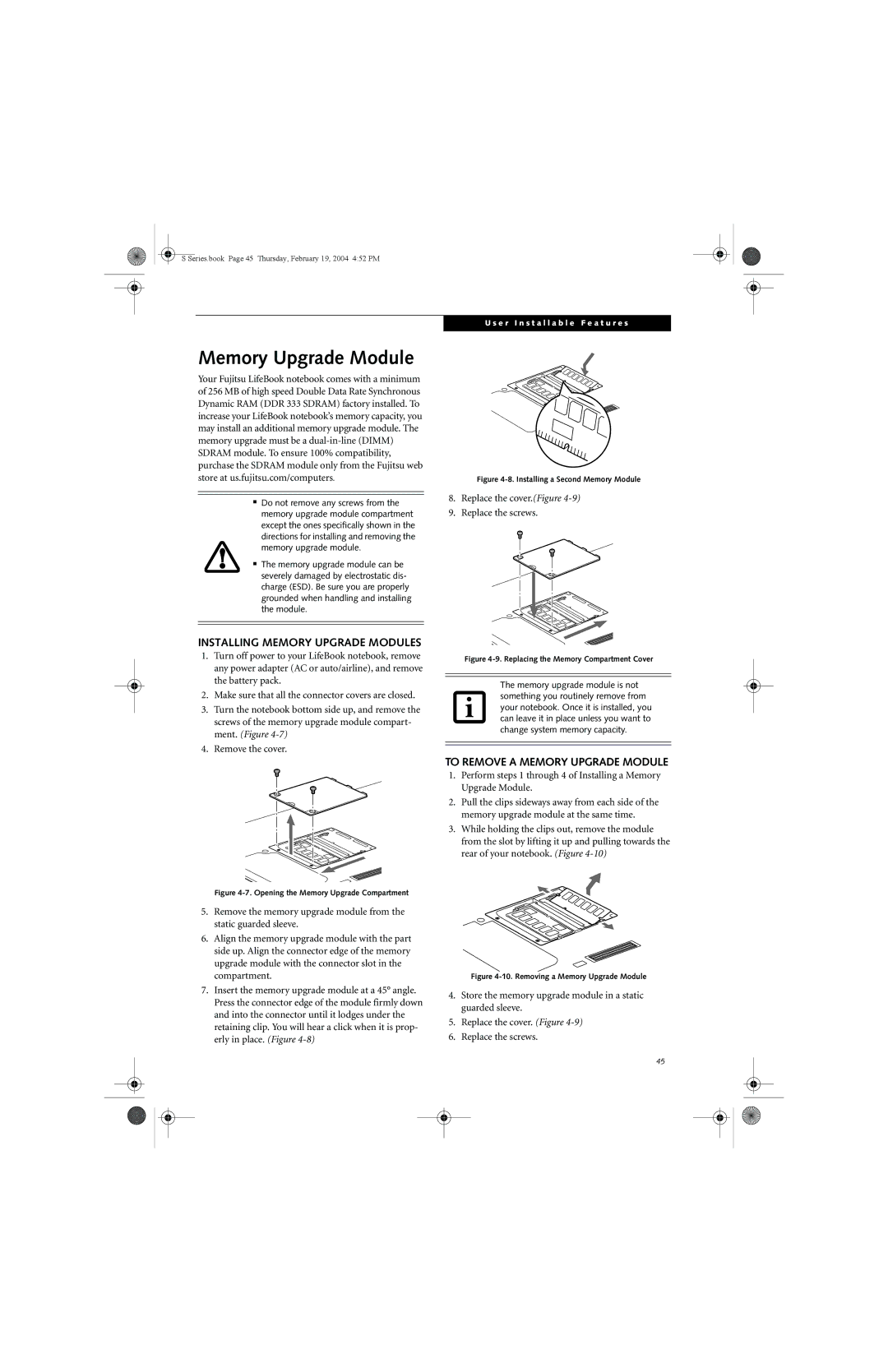 Fujitsu S7010D manual Installing Memory Upgrade Modules, To Remove a Memory Upgrade Module 
