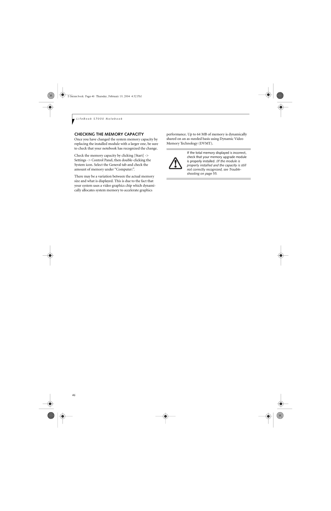 Fujitsu S7010D manual Checking the Memory Capacity 