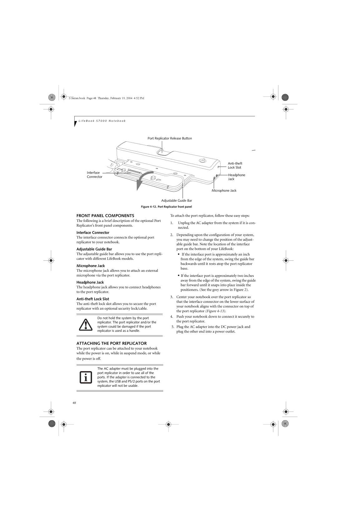 Fujitsu S7010D manual Front Panel Components, Attaching the Port Replicator, Interface Connector, Adjustable Guide Bar 