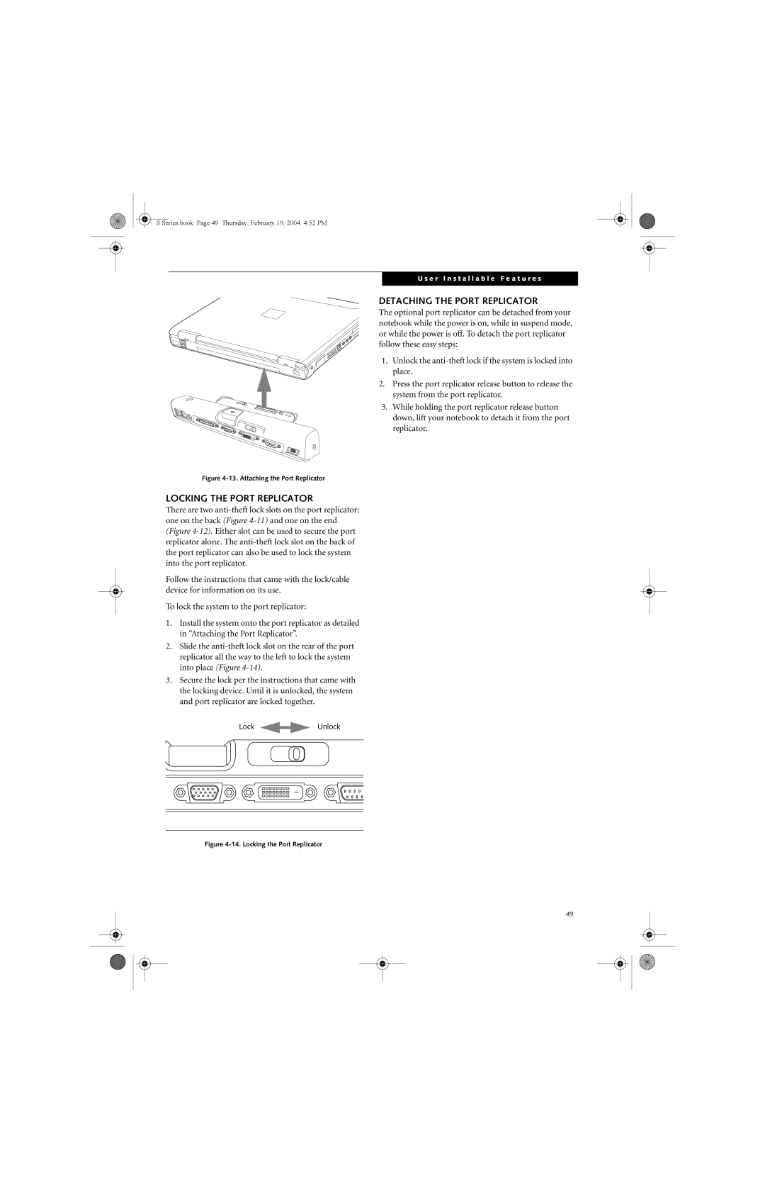 Fujitsu S7010D manual Detaching the Port Replicator, Locking the Port Replicator 