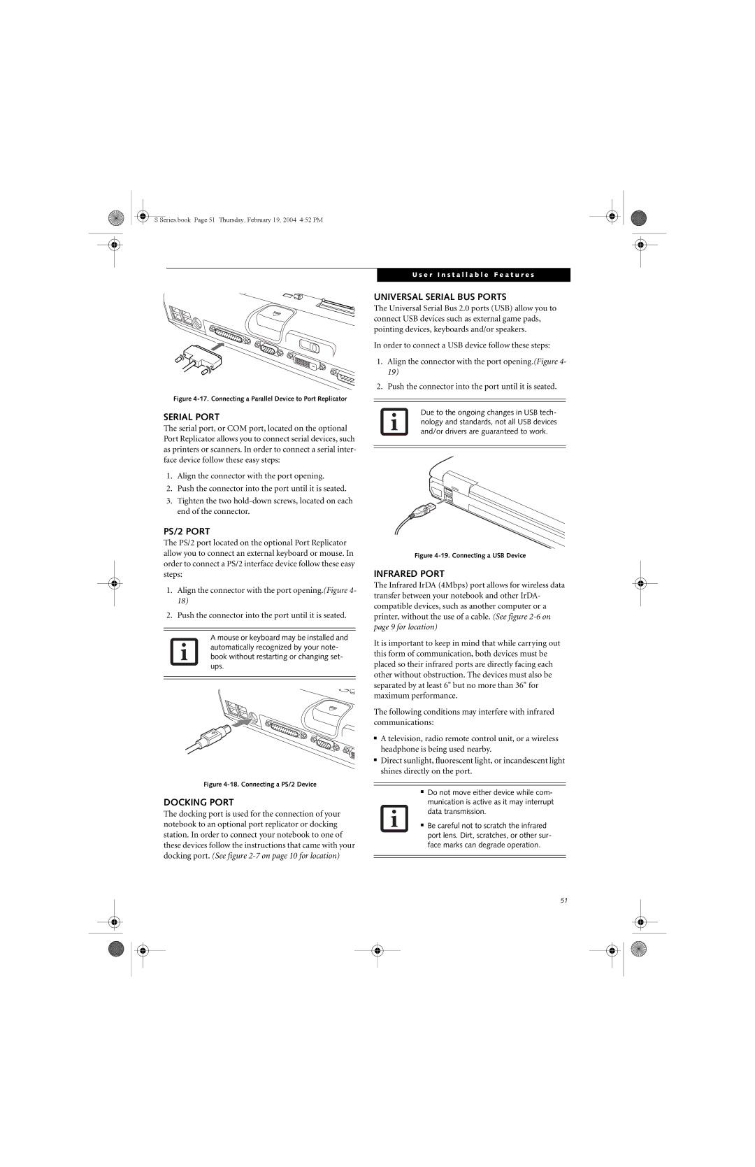 Fujitsu S7010D manual Serial Port, PS/2 Port, Docking Port, Universal Serial BUS Ports, Infrared Port 