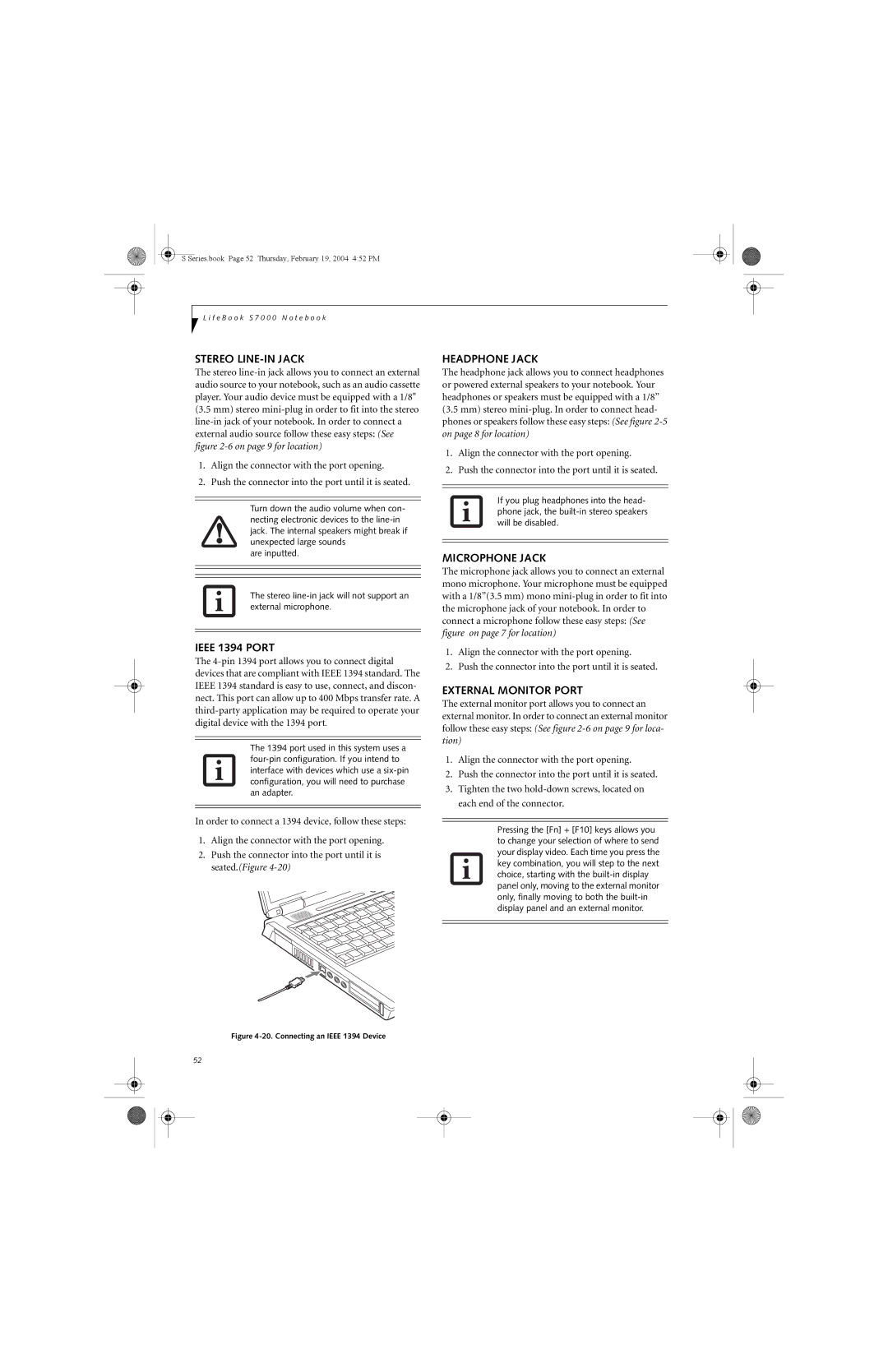 Fujitsu S7010D manual Stereo LINE-IN Jack, Ieee 1394 Port, Headphone Jack, Microphone Jack, External Monitor Port 