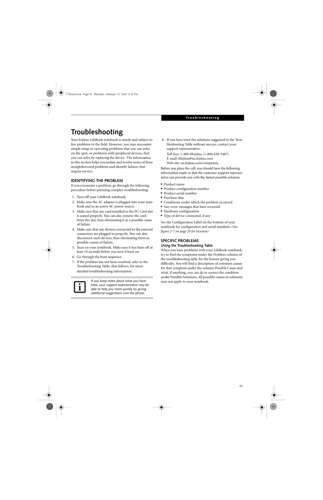 Fujitsu S7010D manual Identifying the Problem, Specific Problems, Using the Troubleshooting Table 