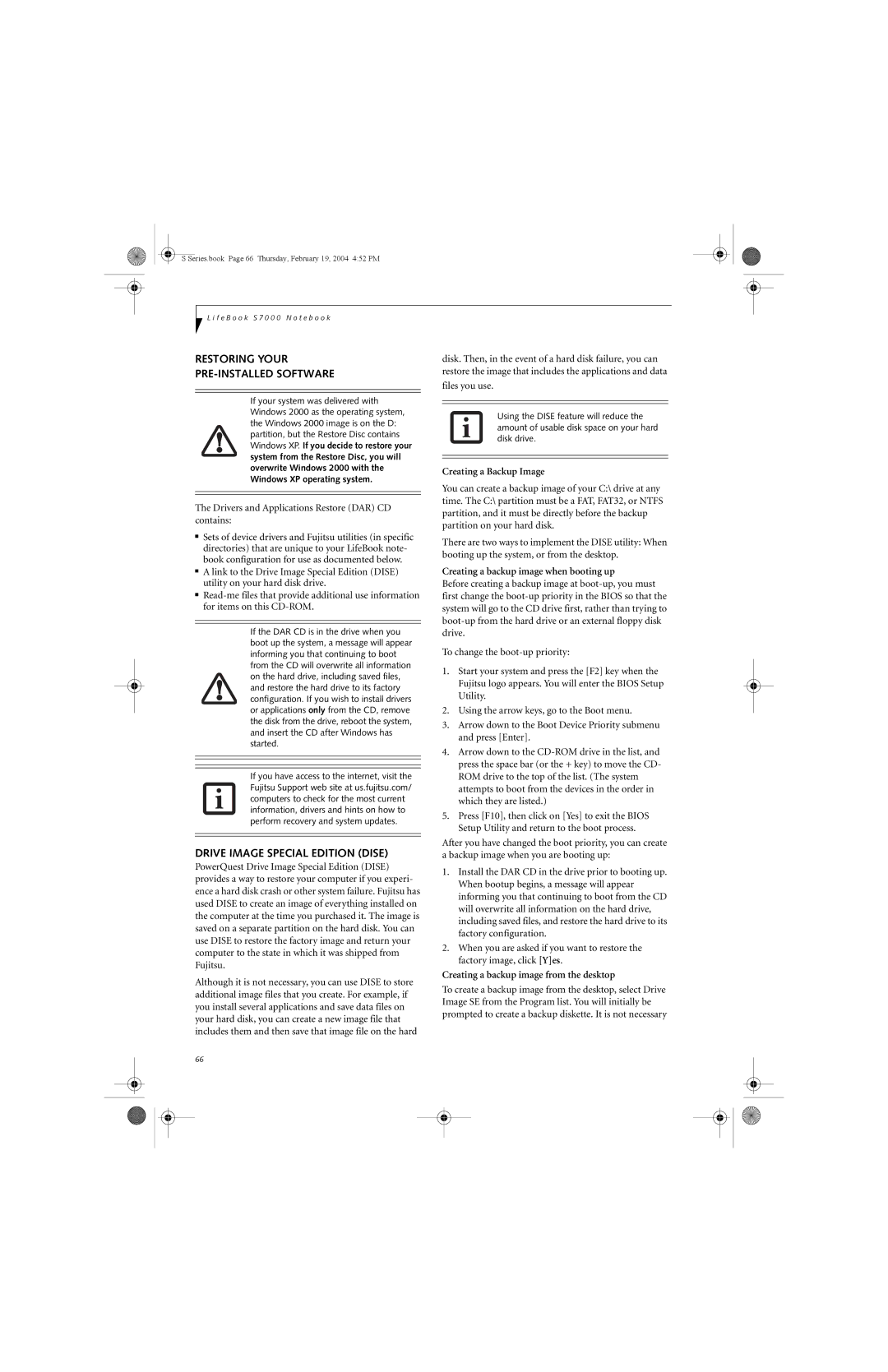 Fujitsu S7010D manual Restoring Your PRE-INSTALLED Software, Drive Image Special Edition Dise, Creating a Backup Image 