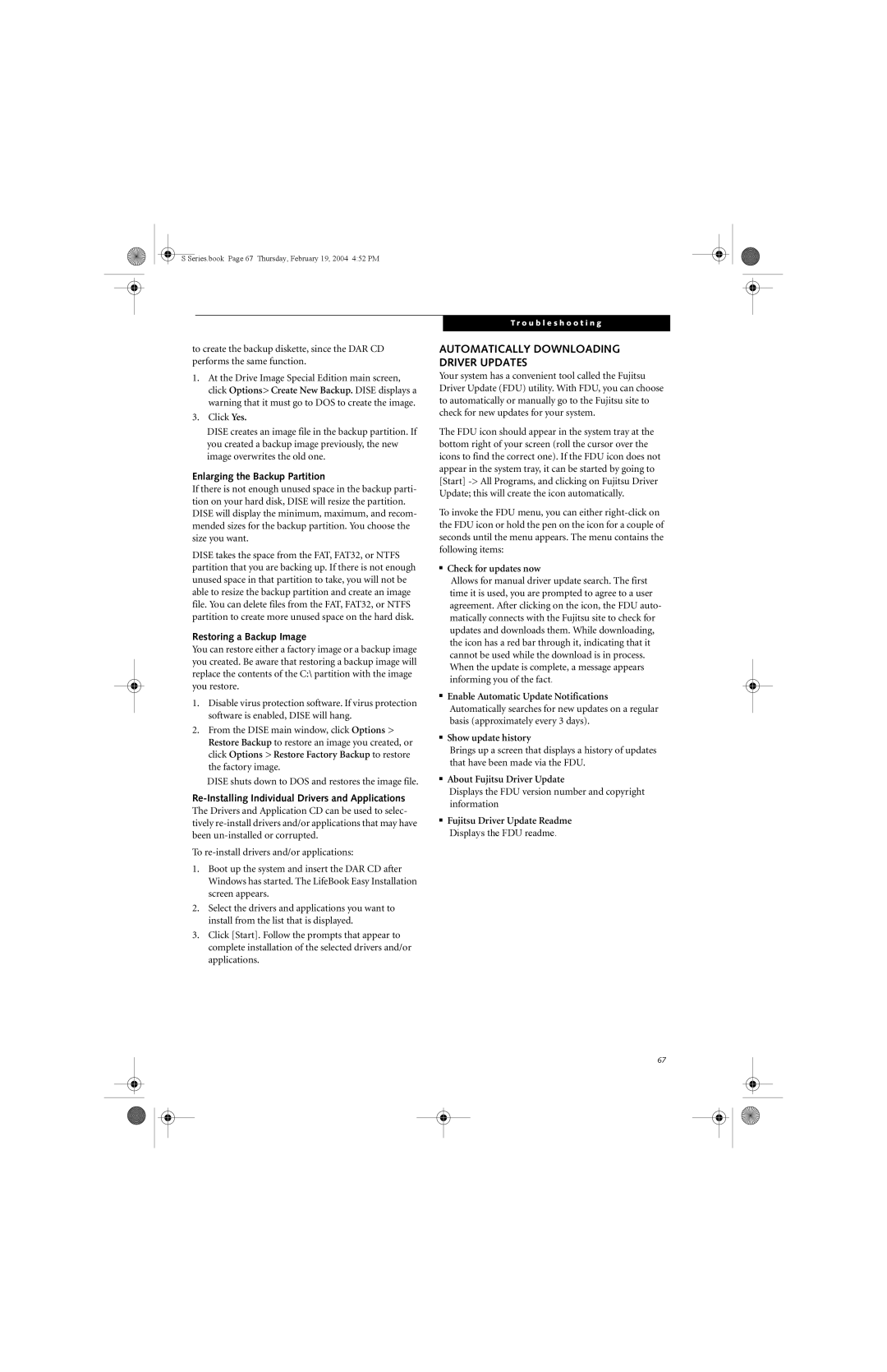 Fujitsu S7010D manual Automatically Downloading Driver Updates, Enlarging the Backup Partition, Restoring a Backup Image 