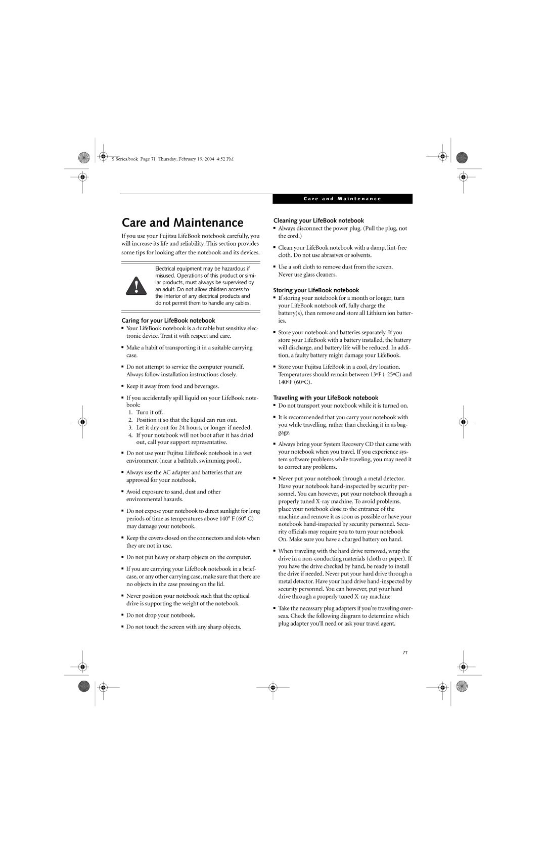 Fujitsu S7010D manual Care and Maintenance, Caring for your LifeBook notebook, Cleaning your LifeBook notebook 