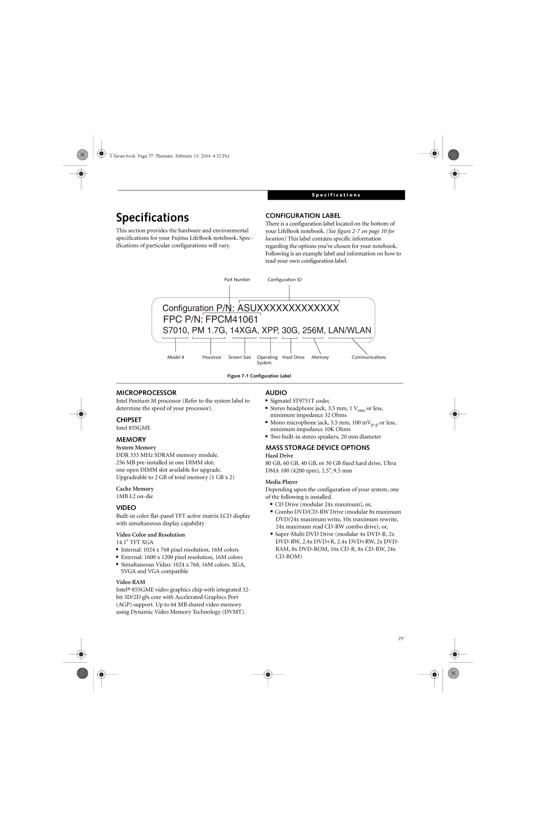 Fujitsu S7010D manual Specifications 