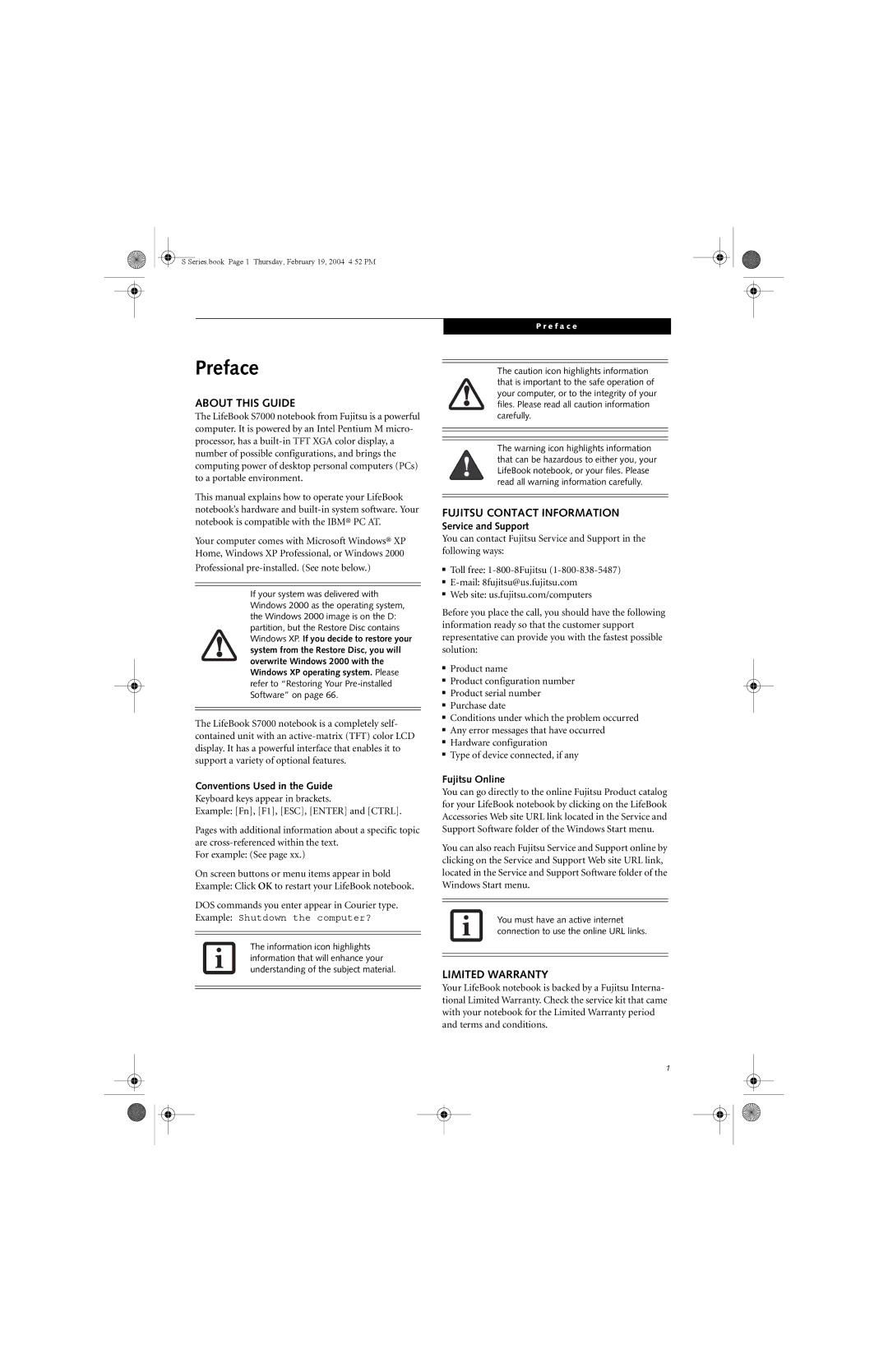 Fujitsu S7010D manual Preface, About this Guide, Fujitsu Contact Information, Limited Warranty 