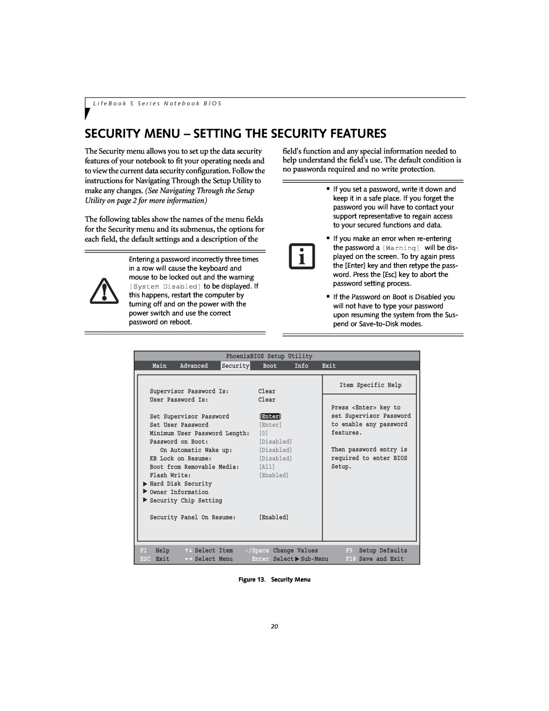 Fujitsu S7020D manual Security Menu - Setting The Security Features, Enter 