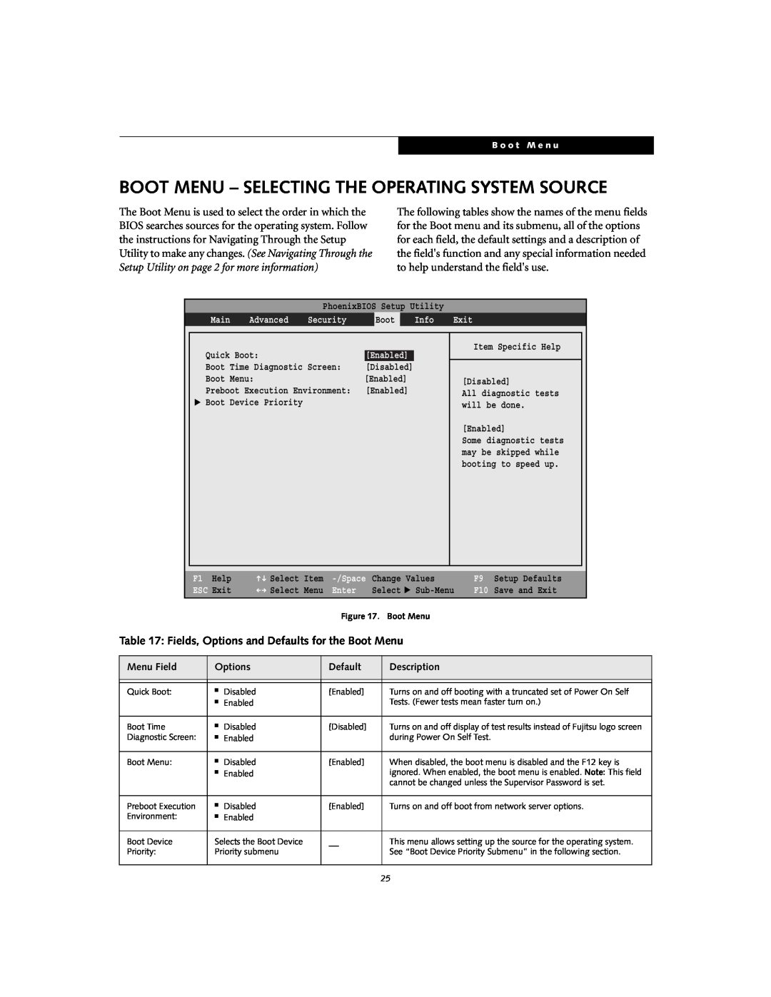 Fujitsu S7020D Boot Menu - Selecting The Operating System Source, Fields, Options and Defaults for the Boot Menu, Main 