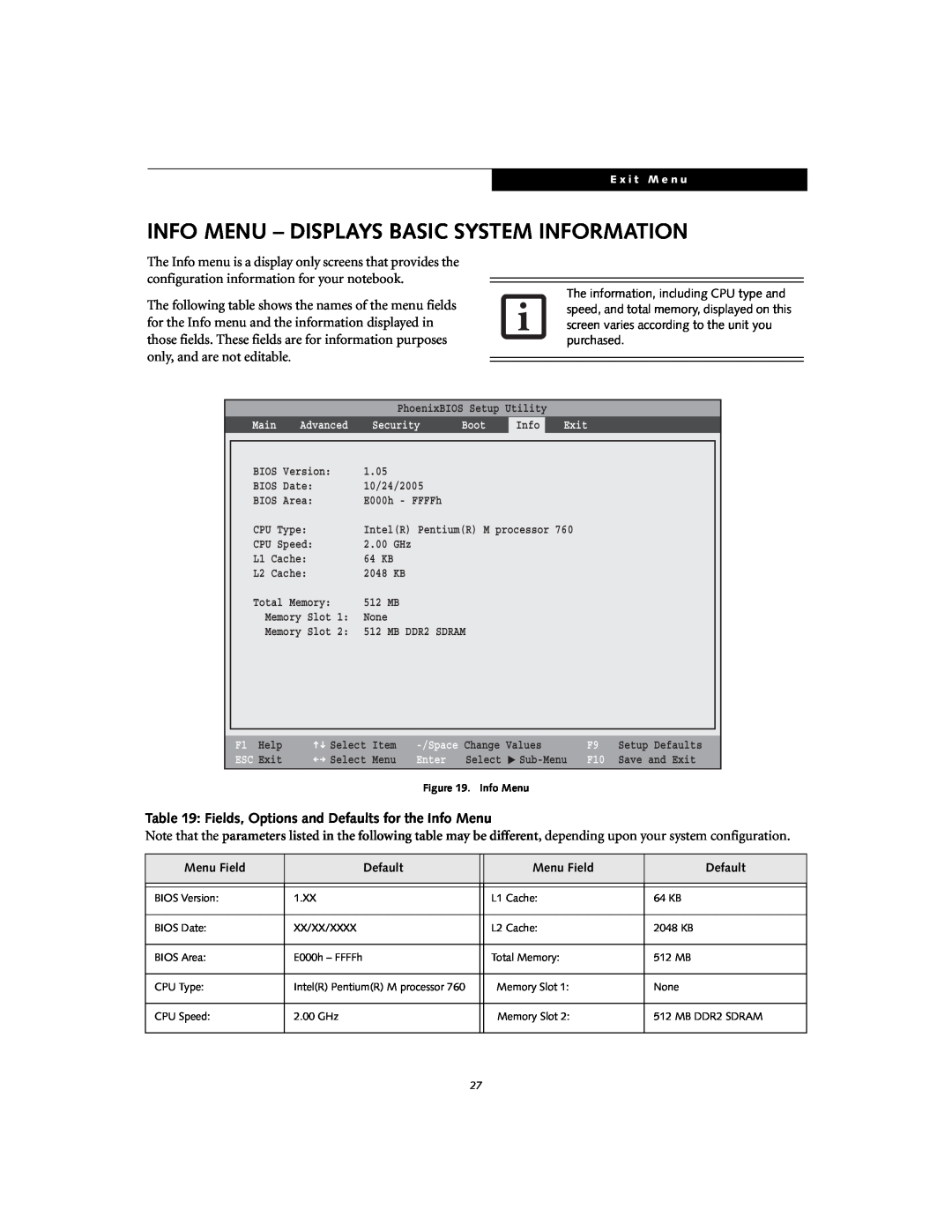 Fujitsu S7020D manual Info Menu - Displays Basic System Information, Fields, Options and Defaults for the Info Menu 