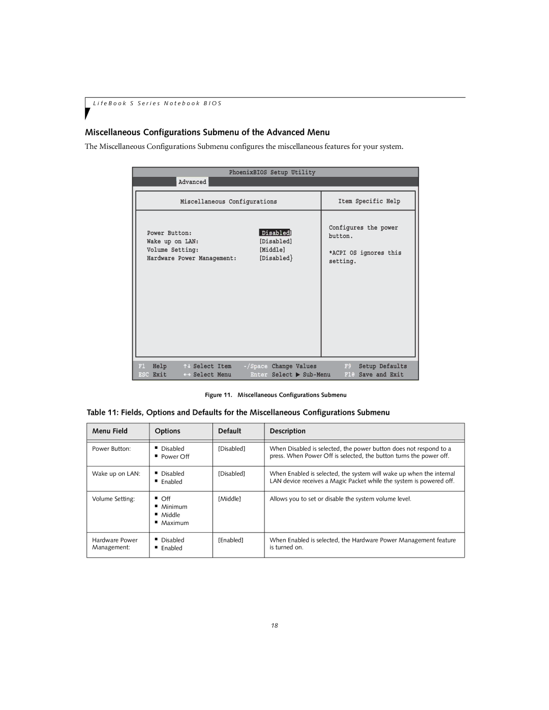 Fujitsu S7020D manual Miscellaneous Configurations Submenu of the Advanced Menu, Disabled 